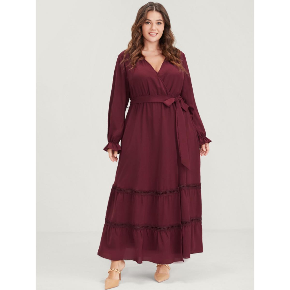 Plus Size Solid Lantern Sleeve Crochet Lace Button Ties Belted Maxi Dress Burgundy Women Elegant Plain V-neck Long Sleeve Curvy Long Dress BloomChic 12/L Product Image