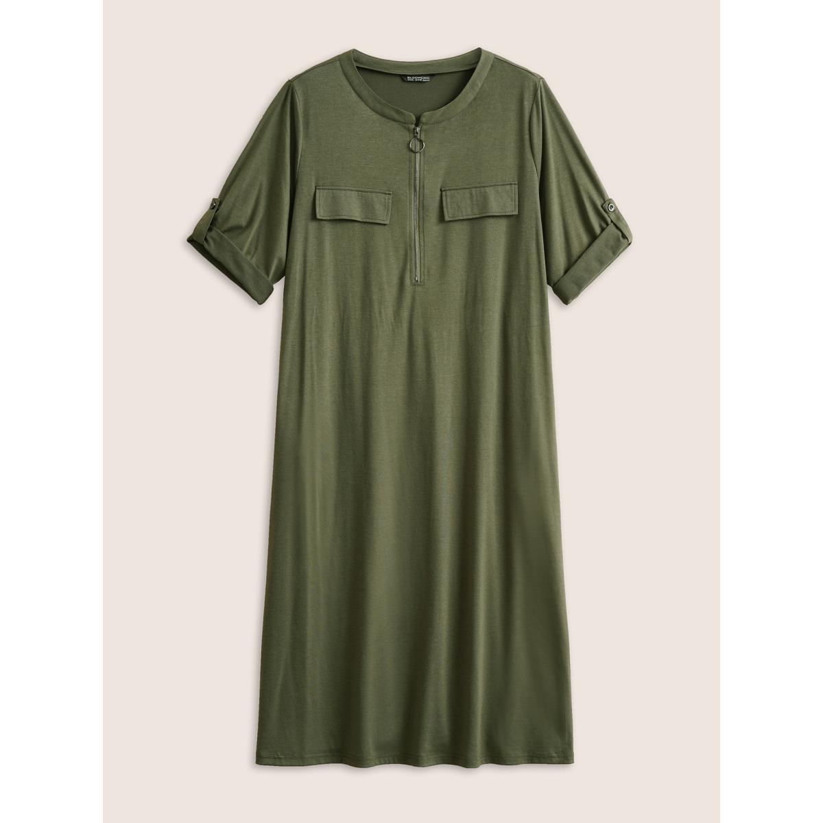 Plus Size Plain Half Zip Flap Detail Tab Sleeve Dress ArmyGreen Women At the Office Non Notched collar Elbow-length sleeve Curvy Midi Dress BloomChic 30/6X Product Image