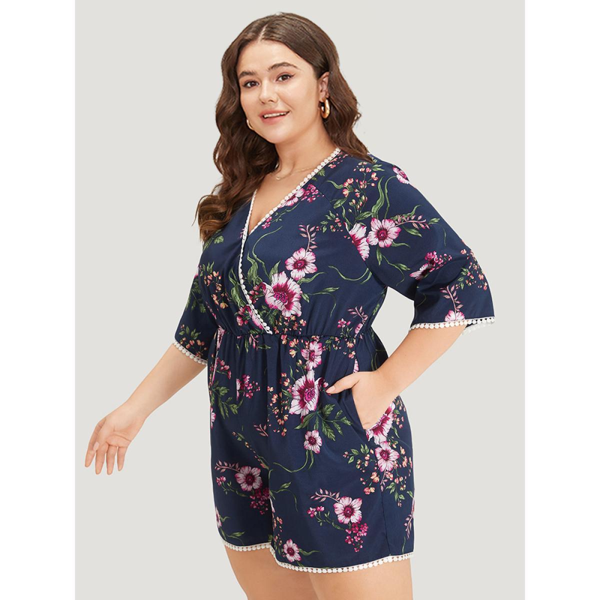 Plus Size DarkBlue Floral Print Overlap Collar Contrast Trim Pocket Jumpsuit Women Vacation Elbow-length sleeve V-neck Dailywear Loose Jumpsuits BloomChic 12/L Product Image