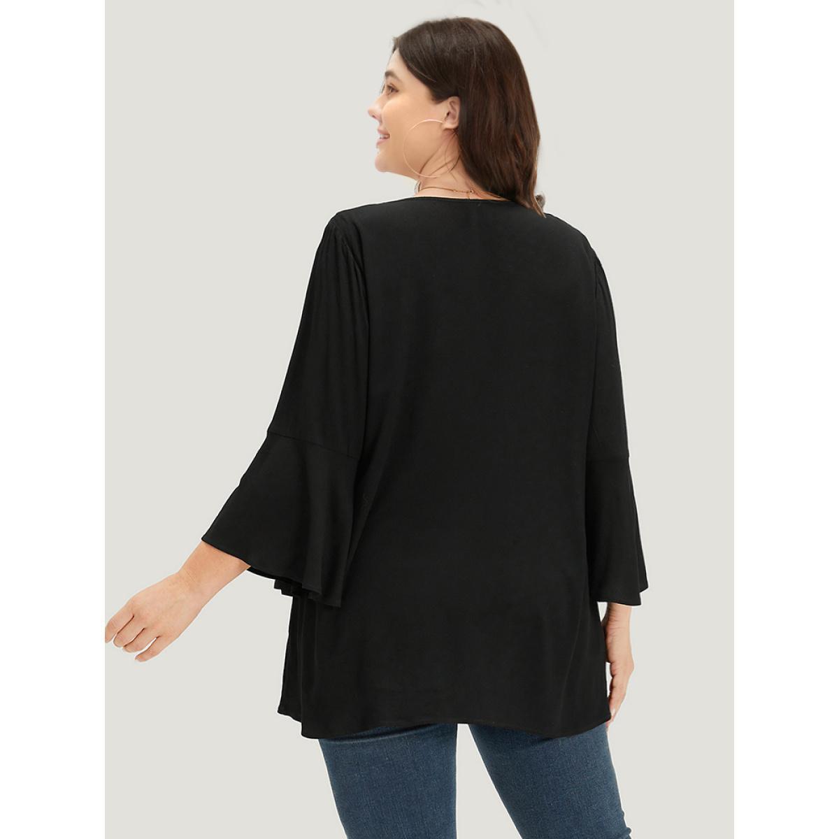Plus Size Black Plain Crochet Lace Button Detail Bell Sleeve Blouse Women Elegant Elbow-length sleeve V-neck Dailywear Blouses BloomChic 18-20/2X Product Image