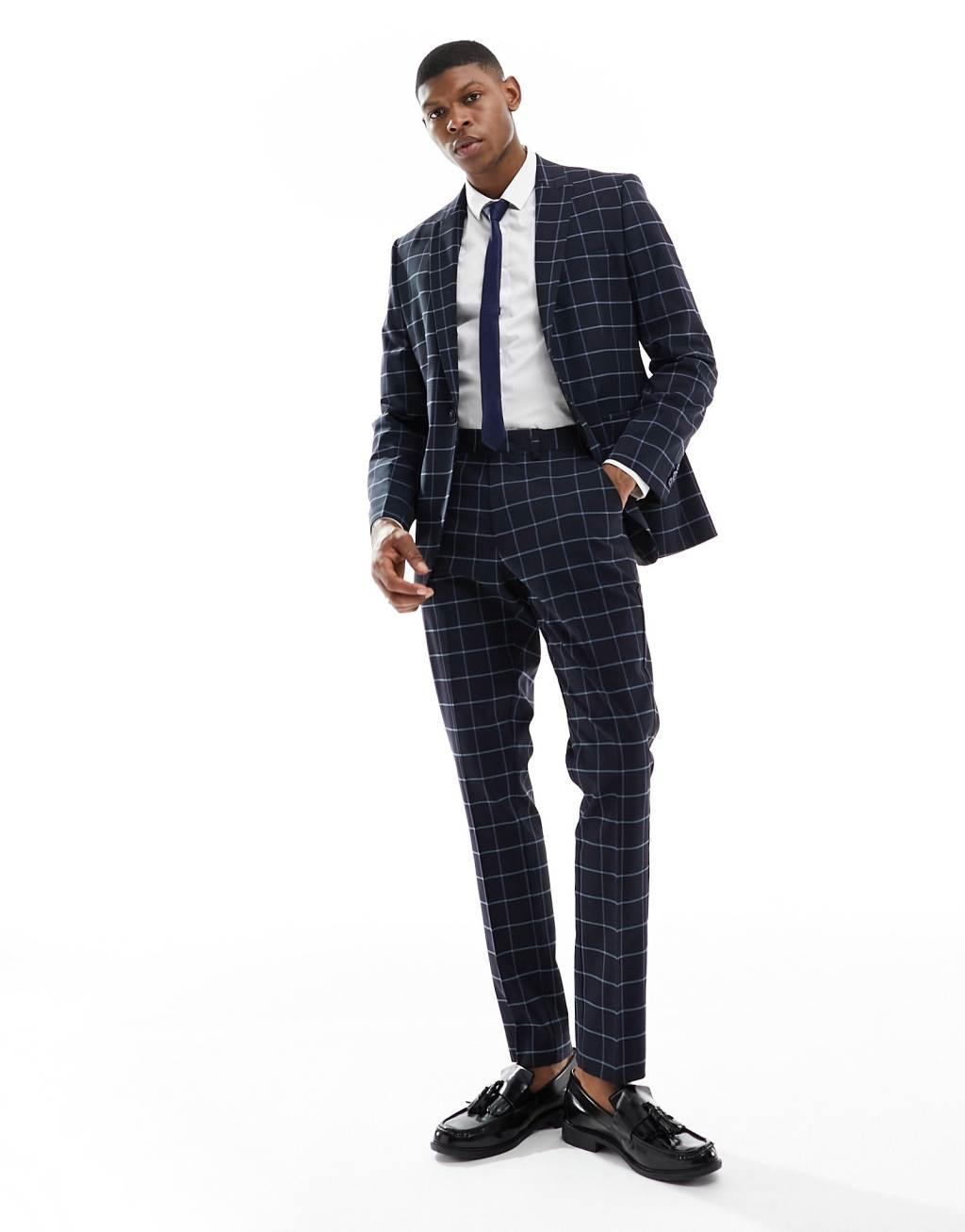 ASOS DESIGN skinny windowpane check suit pants in navy Product Image