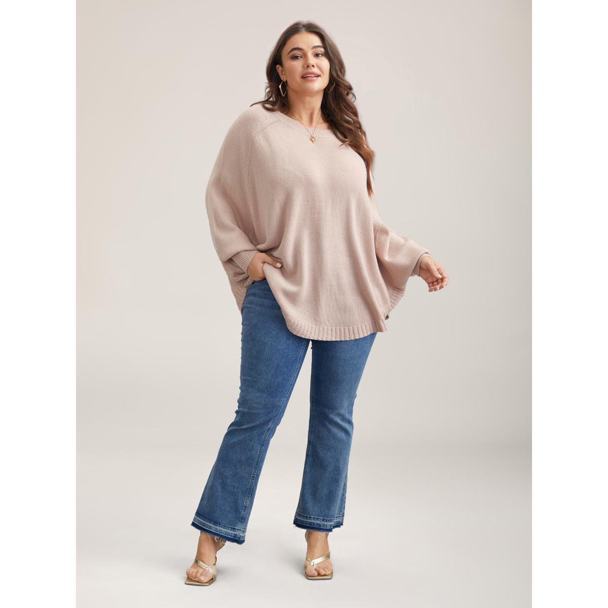 Plus Size Bat Sleeve Curved Hem Pullover MistyRose Women Casual Loose Long Sleeve Round Neck Everyday Pullovers BloomChic 28/5X Product Image