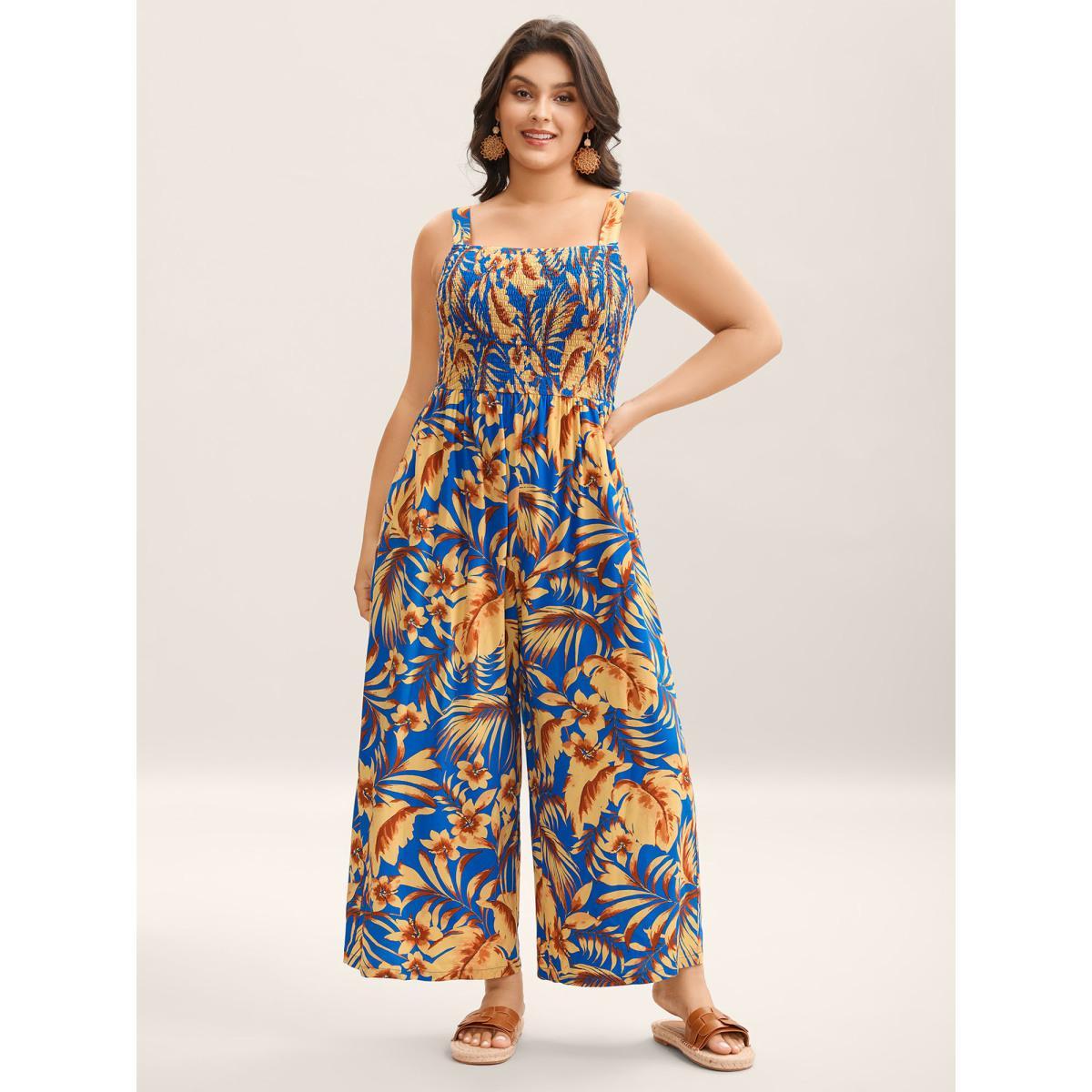Plus Size Mediumblue Tropical Floral Print Pockets Jumpsuit Women Sleeveless Non Vacation Loose Jumpsuits BloomChic 18-20/2X Product Image