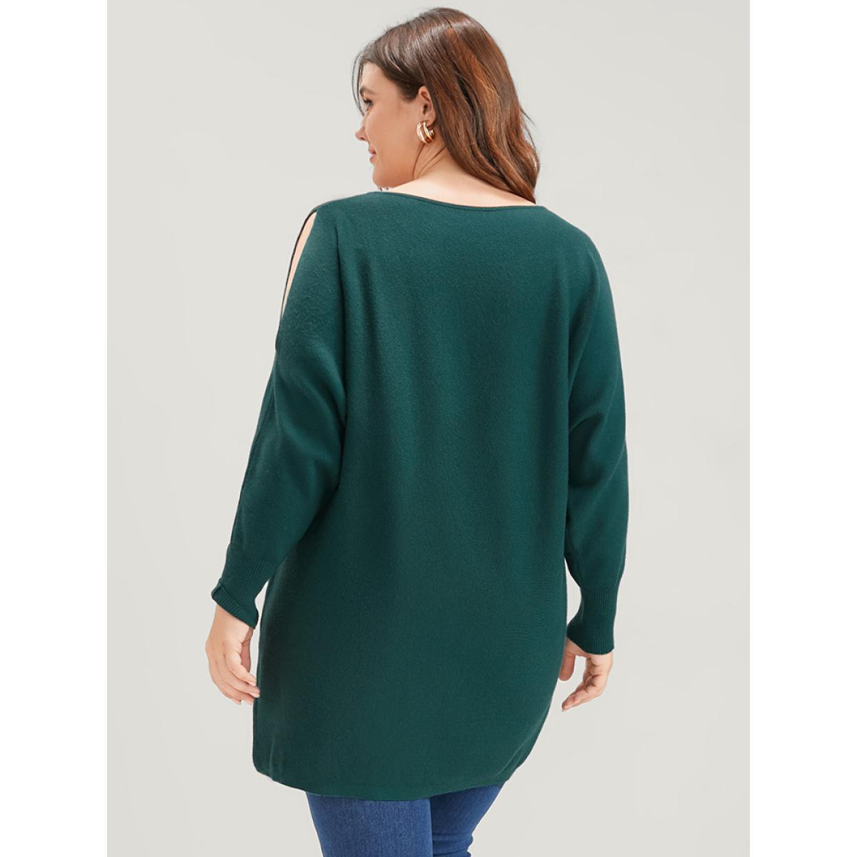 Plus Size Solid Soft Sexy Yarn Knit Dolman Sleeve Cold Shoulder Knit Top Cyan Women Elegant Loose Long Sleeve Scoop Neck Dailywear Pullovers BloomChic 14-16/1X Product Image