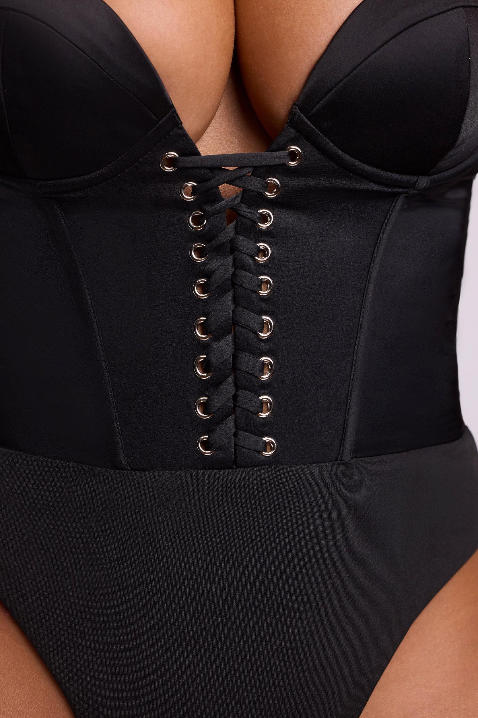 Satin Plunge Neck Lace Up Corset Bodysuit in Black Product Image
