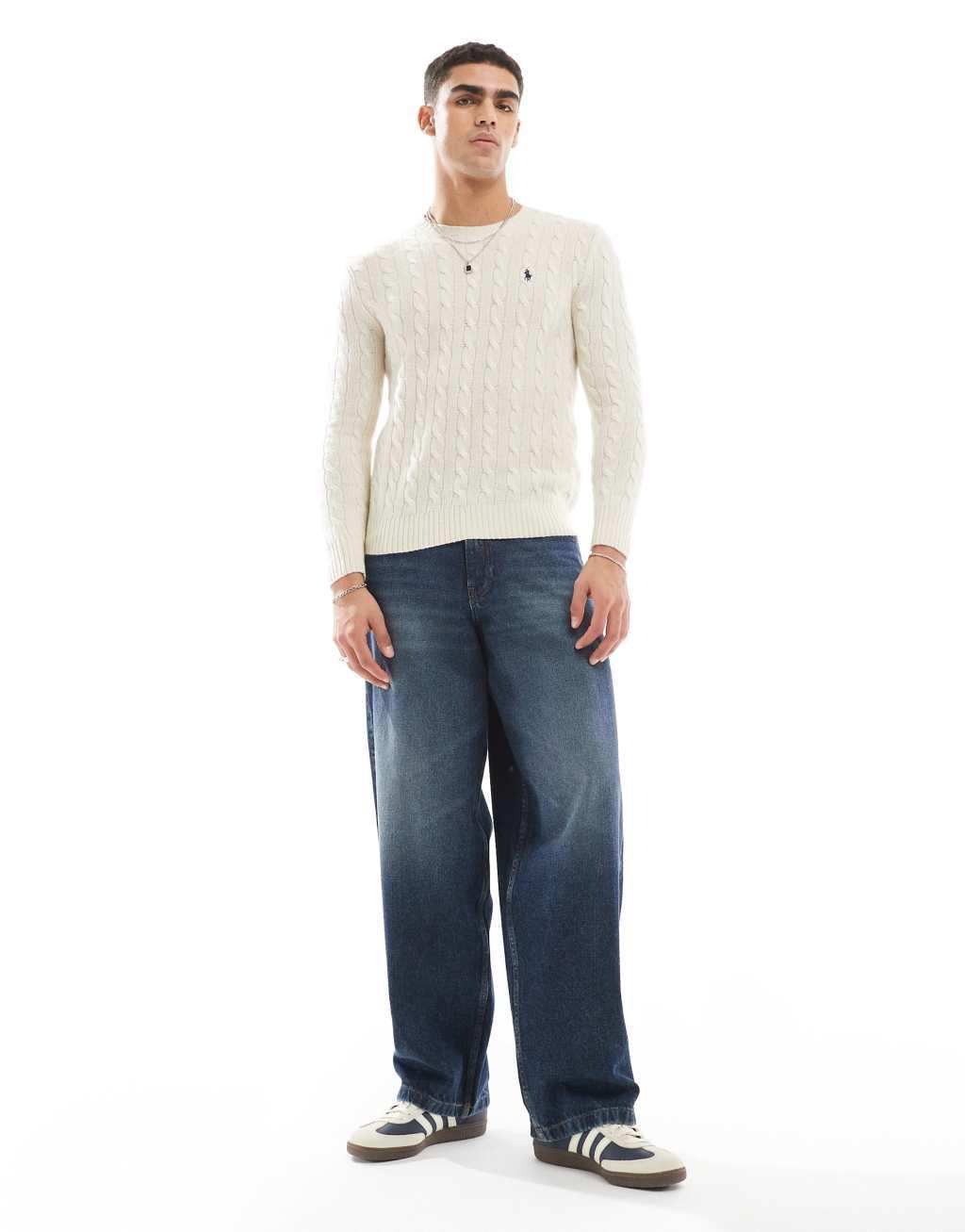 Polo Ralph Lauren icon logo wool cable knit sweater in cream Product Image