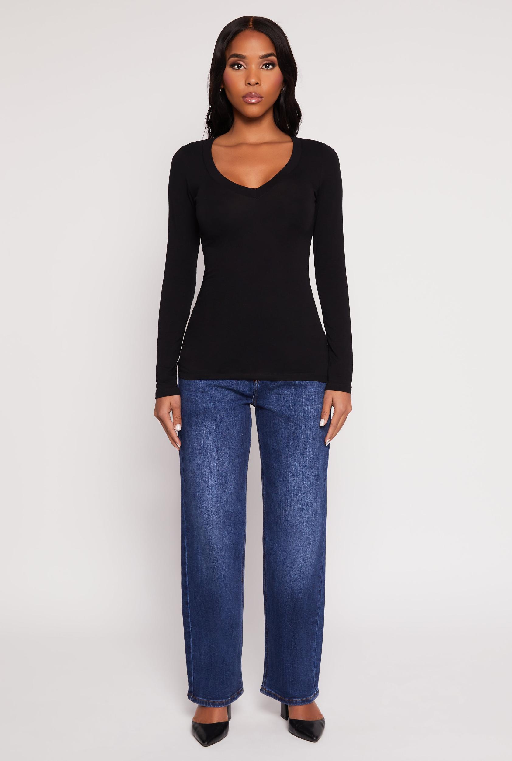 Womens Basic Long Sleeve V Neck Tee Product Image