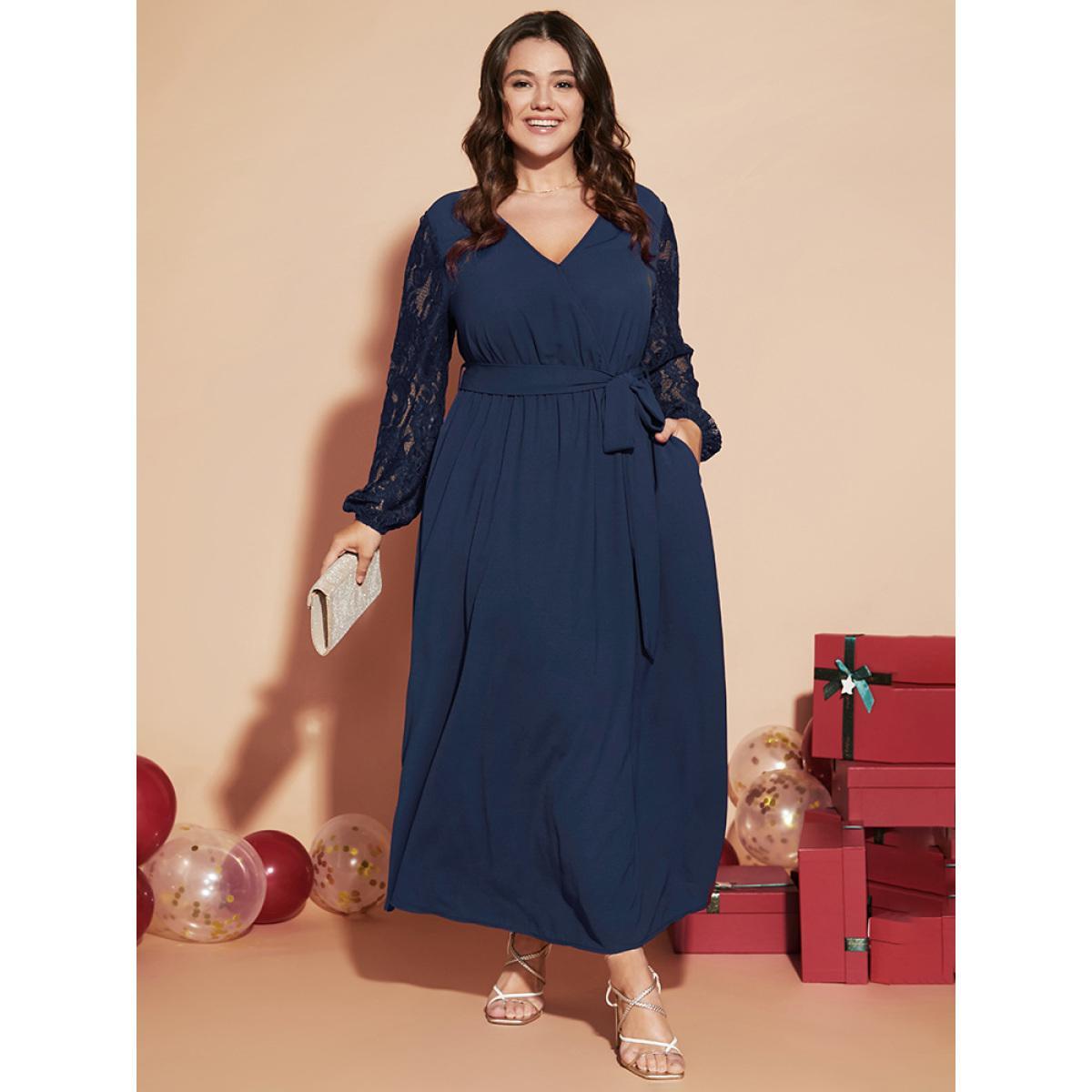Plus Size Solid Wrap Pocket Lantern Sleeve Lace Belted Maxi Dress DarkBlue Women Elegant V-neck Long Sleeve Curvy Long Dress BloomChic 14-16/1X Product Image