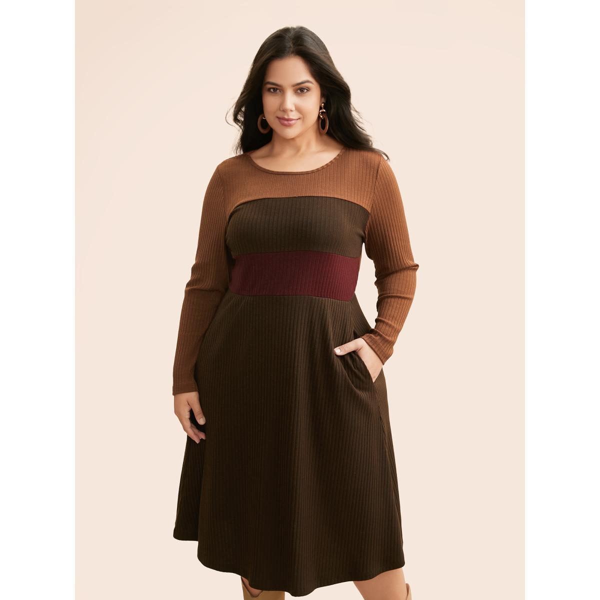 Plus Size Colorblock Contrast Textured Pocket Dress Browncoffeecolor Women Casual Texture Round Neck Long Sleeve Curvy BloomChic 10/M Product Image
