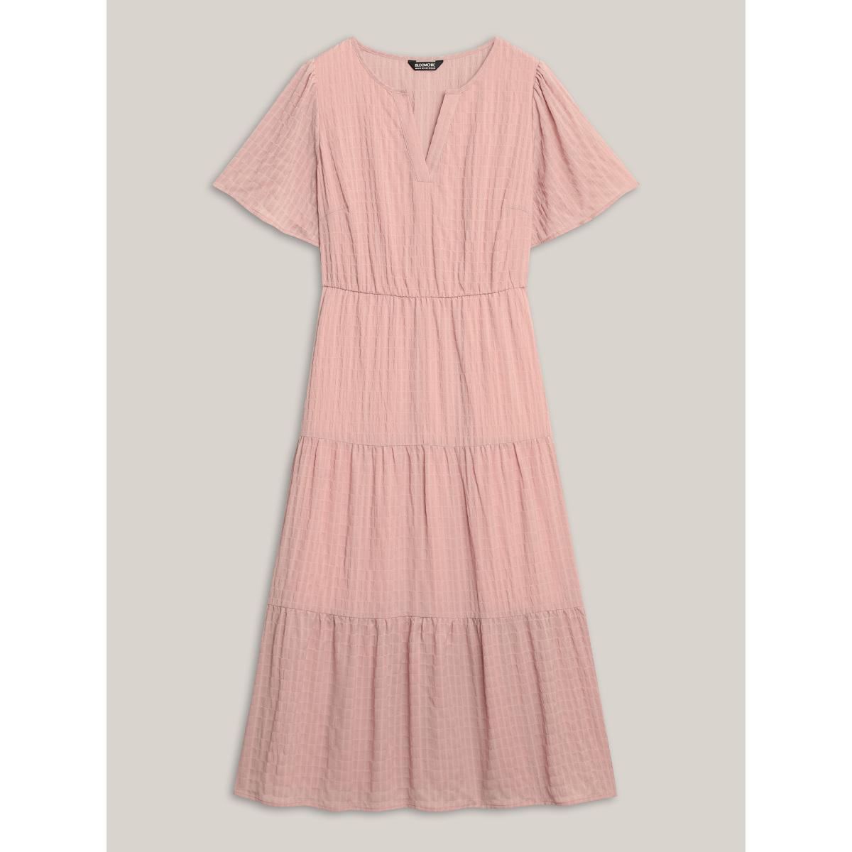 Plus Size Textured A-Line Split Neck Tiered Midi Dress Dirtypink Women Flat collar with V-notch Cap Sleeve Curvy BloomChic 22-24/3X Product Image