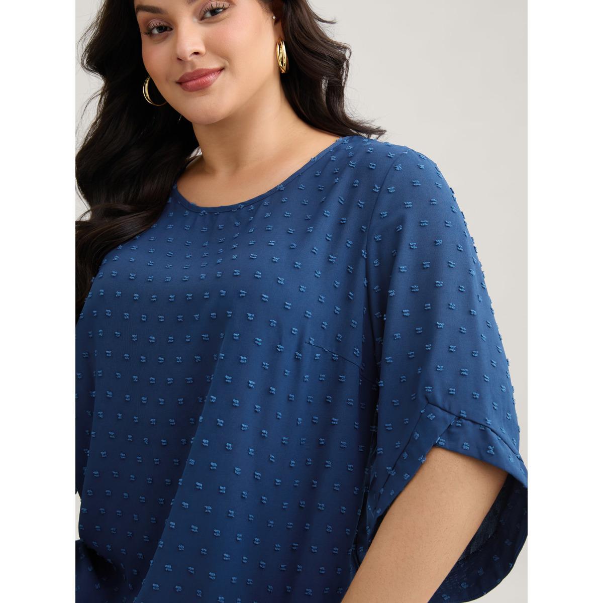 Plus Size Indigo Textured Round Neck Bell Sleeve Blouse Women Elegant Elbow-length sleeve Round Neck Everyday Blouses BloomChic 12/L Product Image