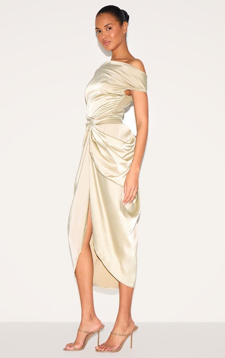 Sage Green Satin Off The Shoulder Draped Skirt Midi Dress Product Image