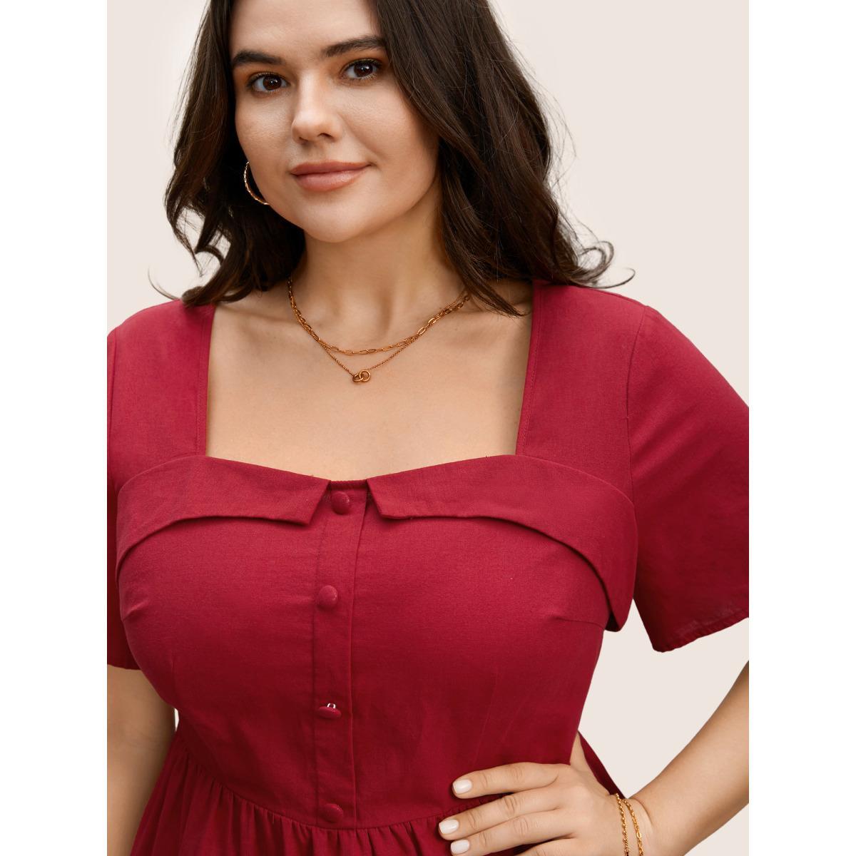 Plus Size Raspberry Square Neck Button Detail Shirred Blouse Women Elegant Short sleeve Square Neck Everyday Blouses BloomChic 28/5X Product Image
