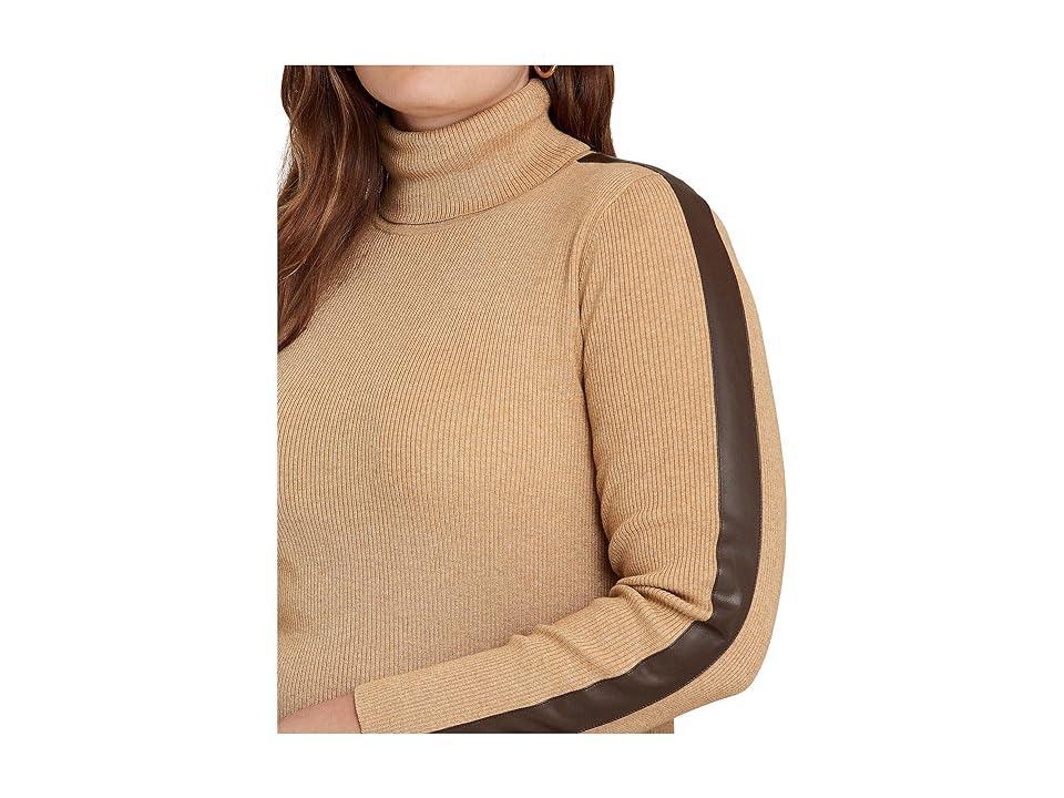 Lauren Ralph Lauren Plus-Size Faux-Leather-Trim Turtleneck Sweater (Classic Camel Heather/Chocolate) Women's Clothing Product Image