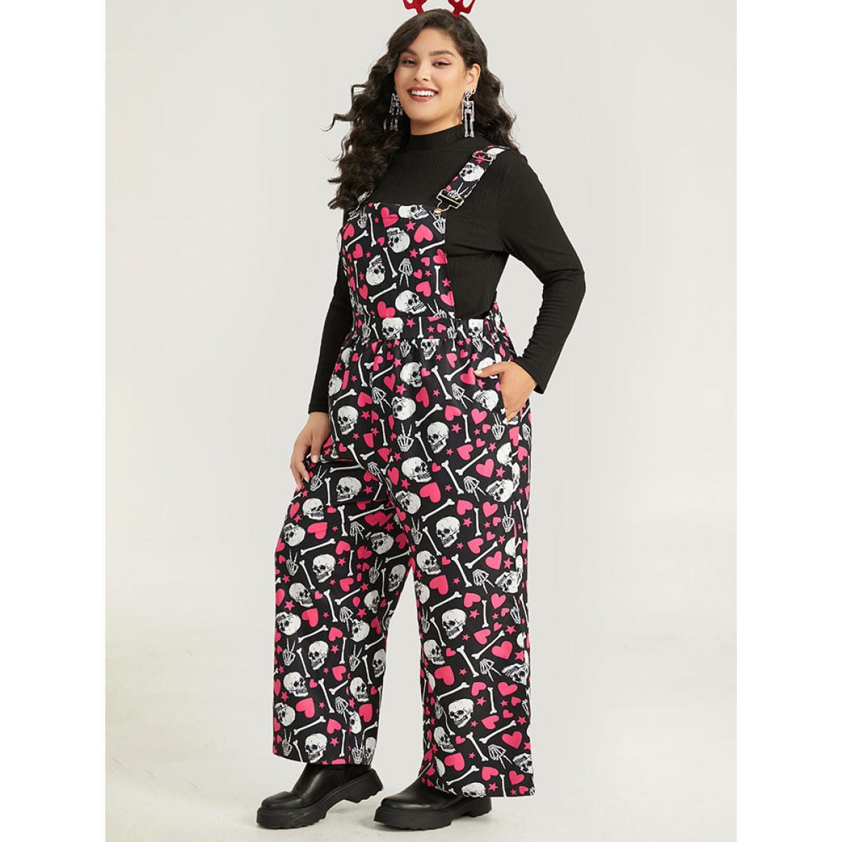 Plus Size Black Halloween Skull &Heart Print Pocket Gathered Jumpsuit Women Casual Sleeveless Spaghetti Strap Festival-Halloween Loose Jumpsuits BloomChic 10/M Product Image
