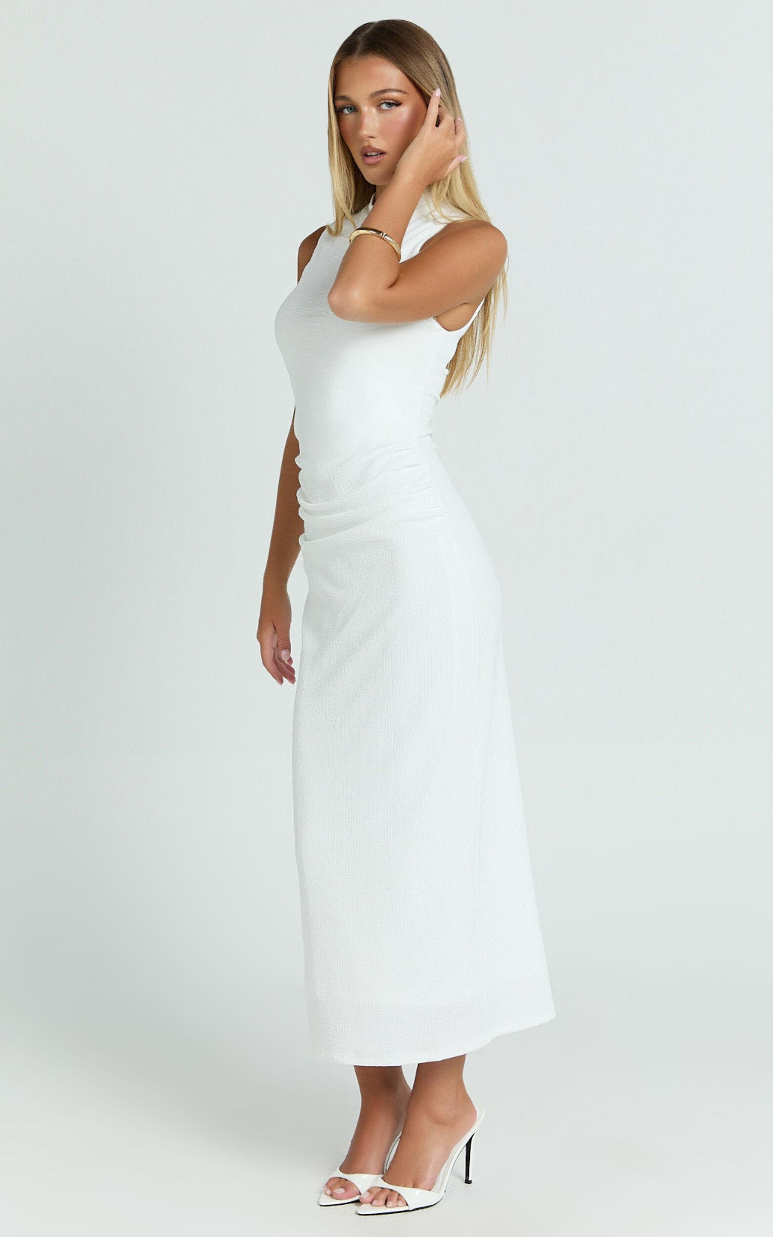 Pamela Midi Dress - High Neck Leg Split Dress in White Product Image