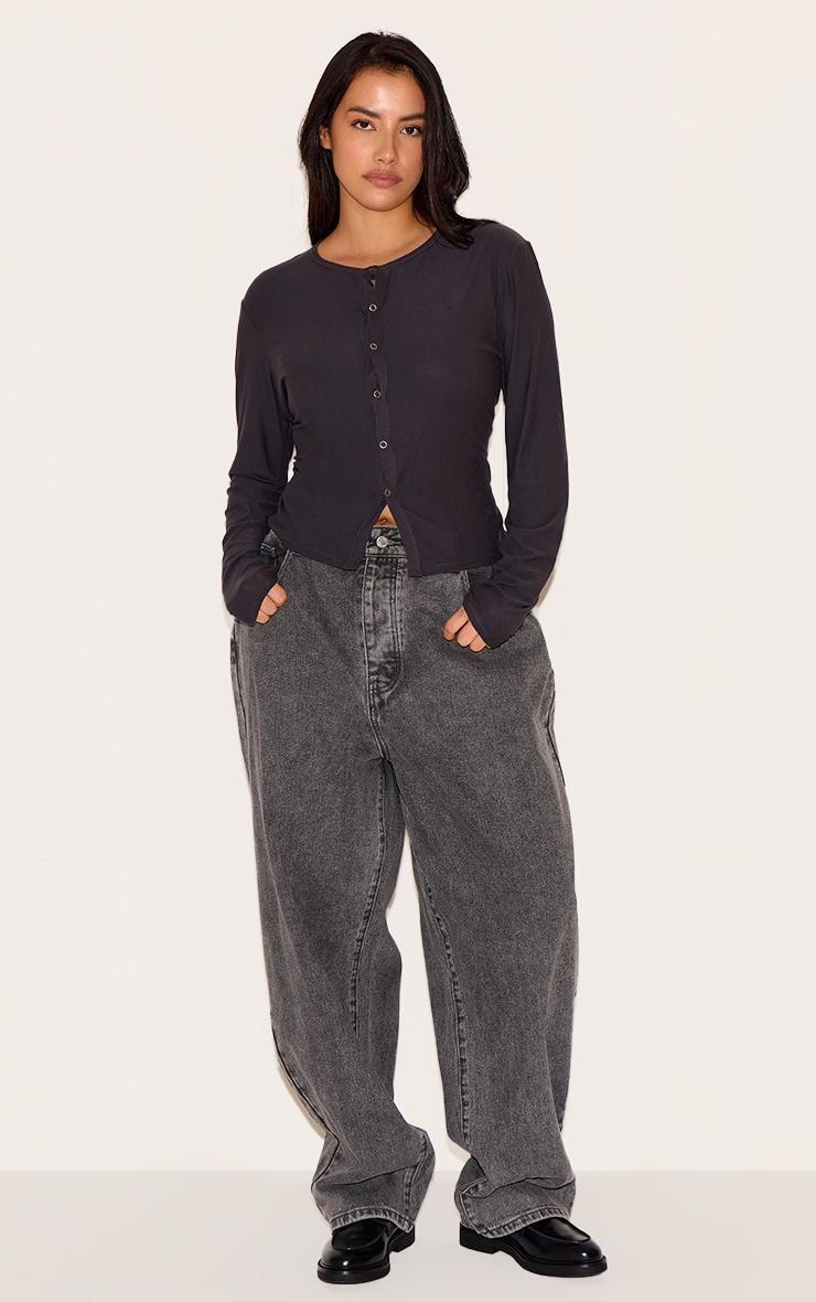 Plus Charcoal Soft Touch Popper Fitted Long Sleeve Long Top Product Image