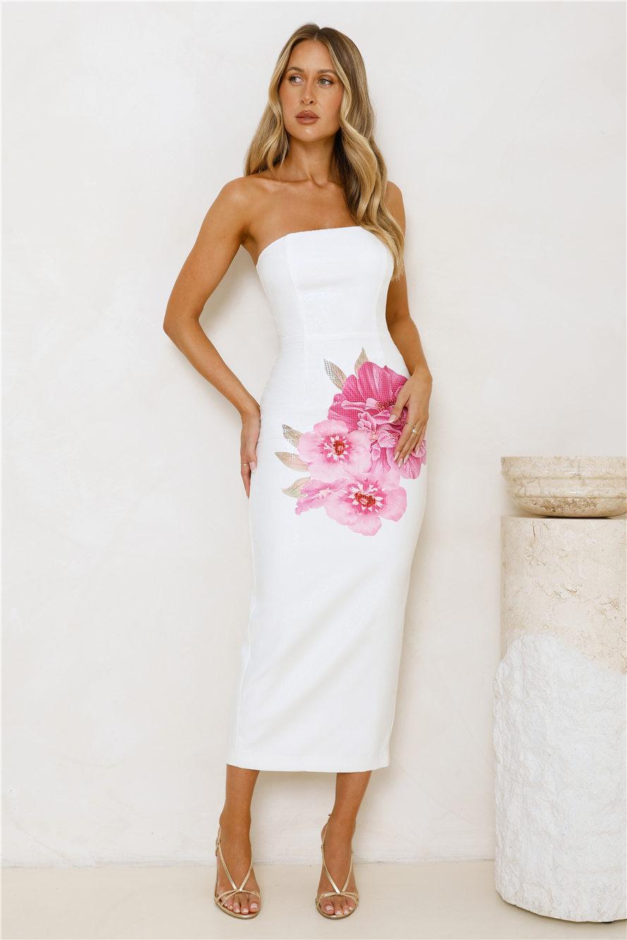 Floral Sparkle Strapless Midi Dress White Product Image