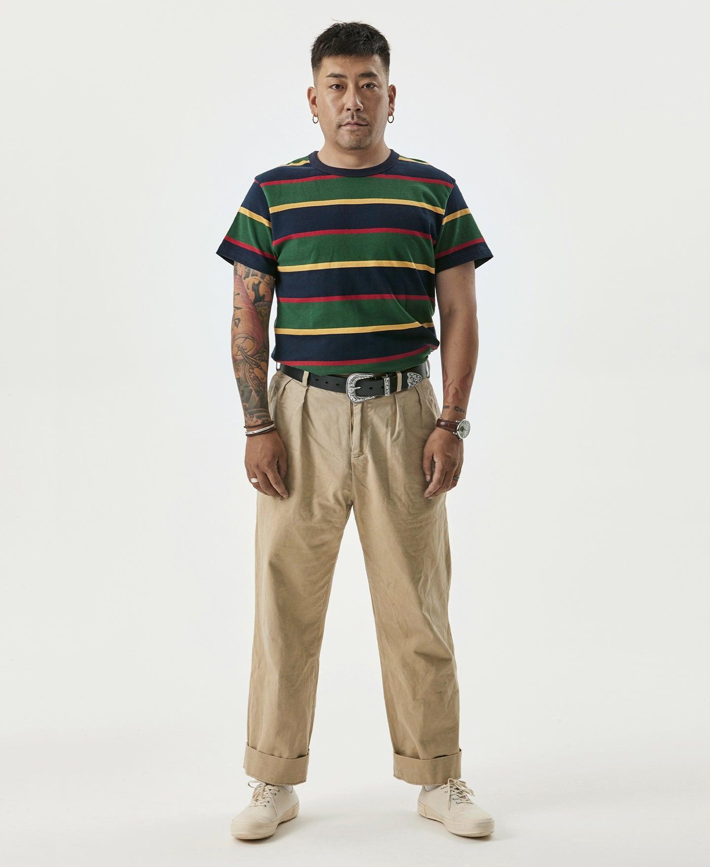 9.8 oz IVY Style Striped T-Shirt - Navy/Green Product Image