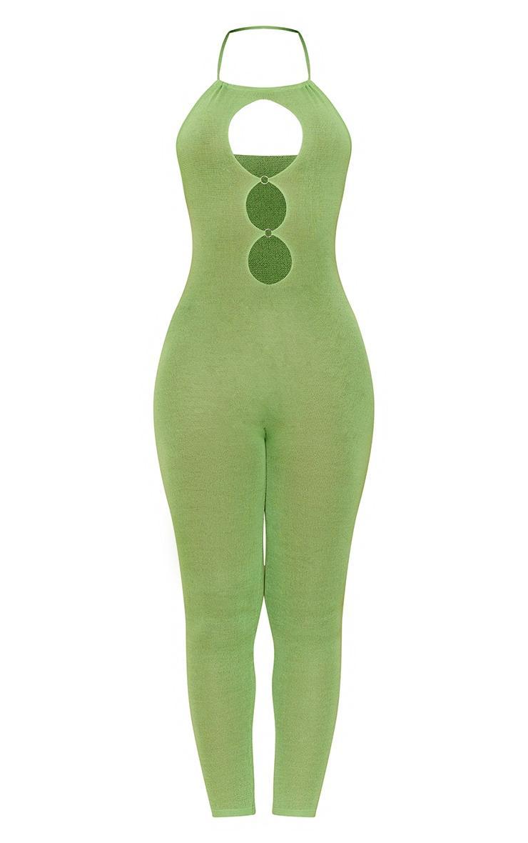 Tall Green Sheer Knit Cut Out Jumpsuit Product Image