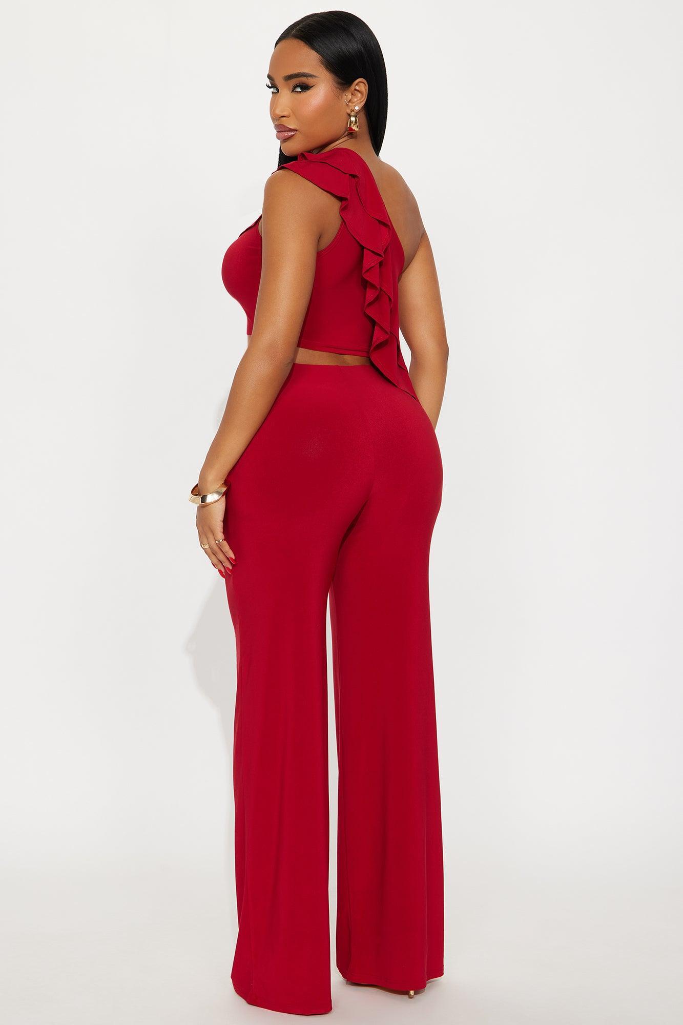 Camila One Shoulder Pant Set - Red Product Image