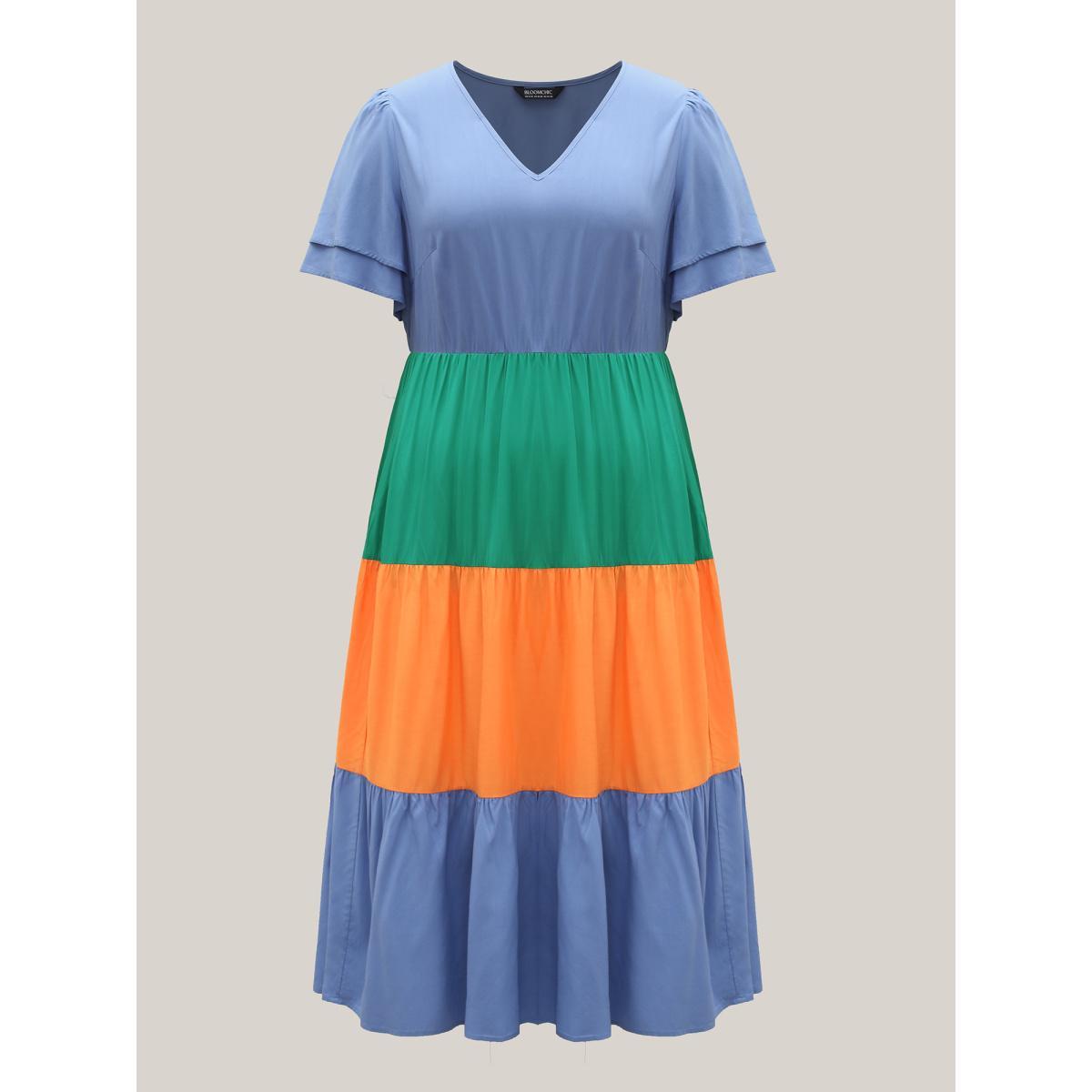 Plus Size Rayon Color Block Layered Sleeve Maxi Dress Stone Women V-neck Short sleeve Curvy BloomChic 26/4X Product Image