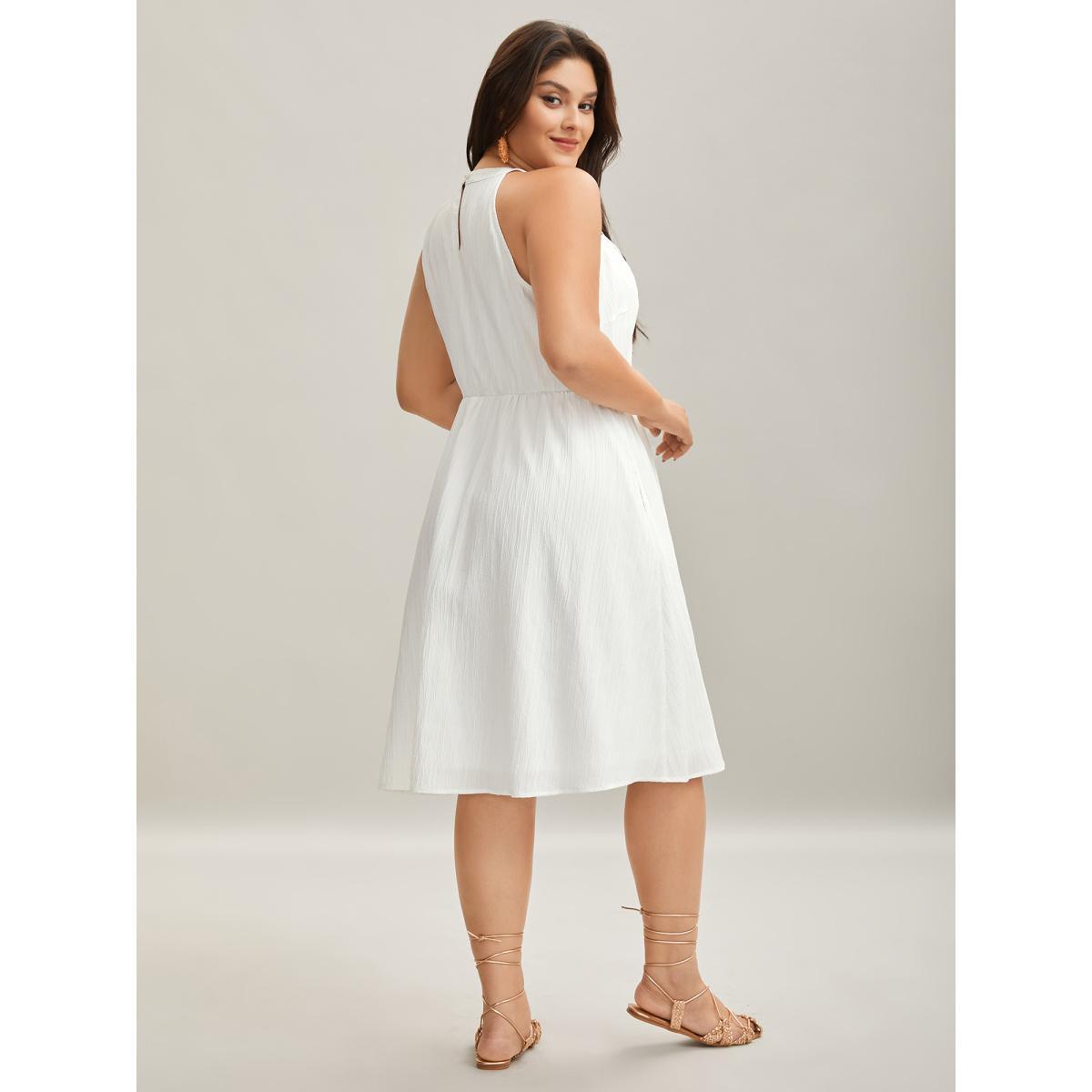Plus Size Neck Cut-Out Pockets A-Line Midi Dress WhiteSmoke Women Resort Woven ribbon&lace trim Round Neck Sleeveless Curvy BloomChic 12/L Product Image