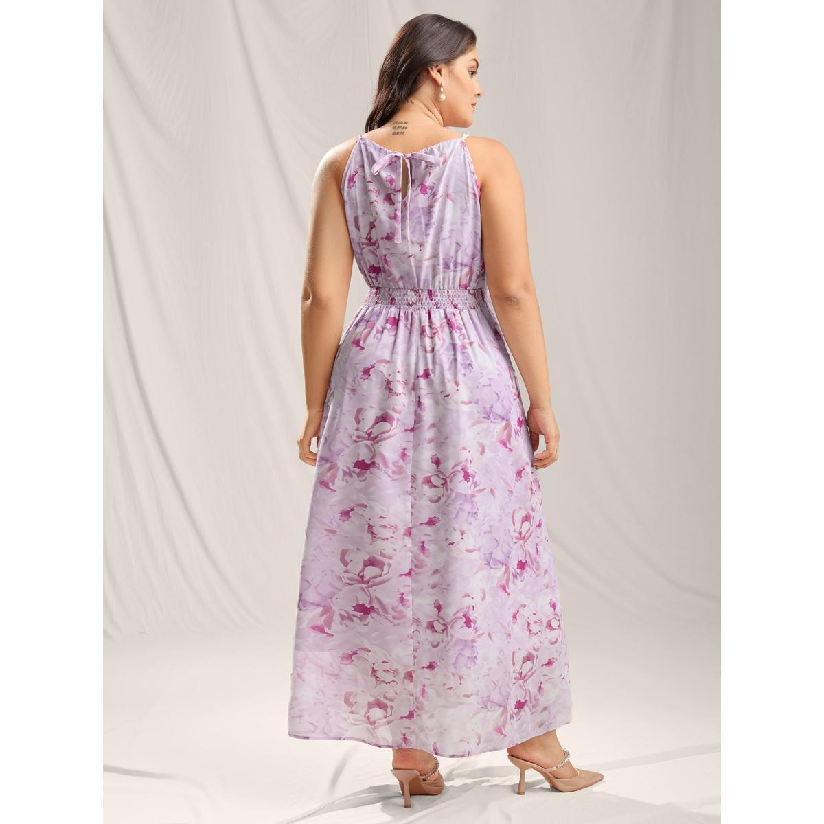 Plus Size Floral Print Halter Neck Stretchy Midi Dress Lavender Women Halter neck Sleeveless Curvy BloomChic 14-16/1X Product Image