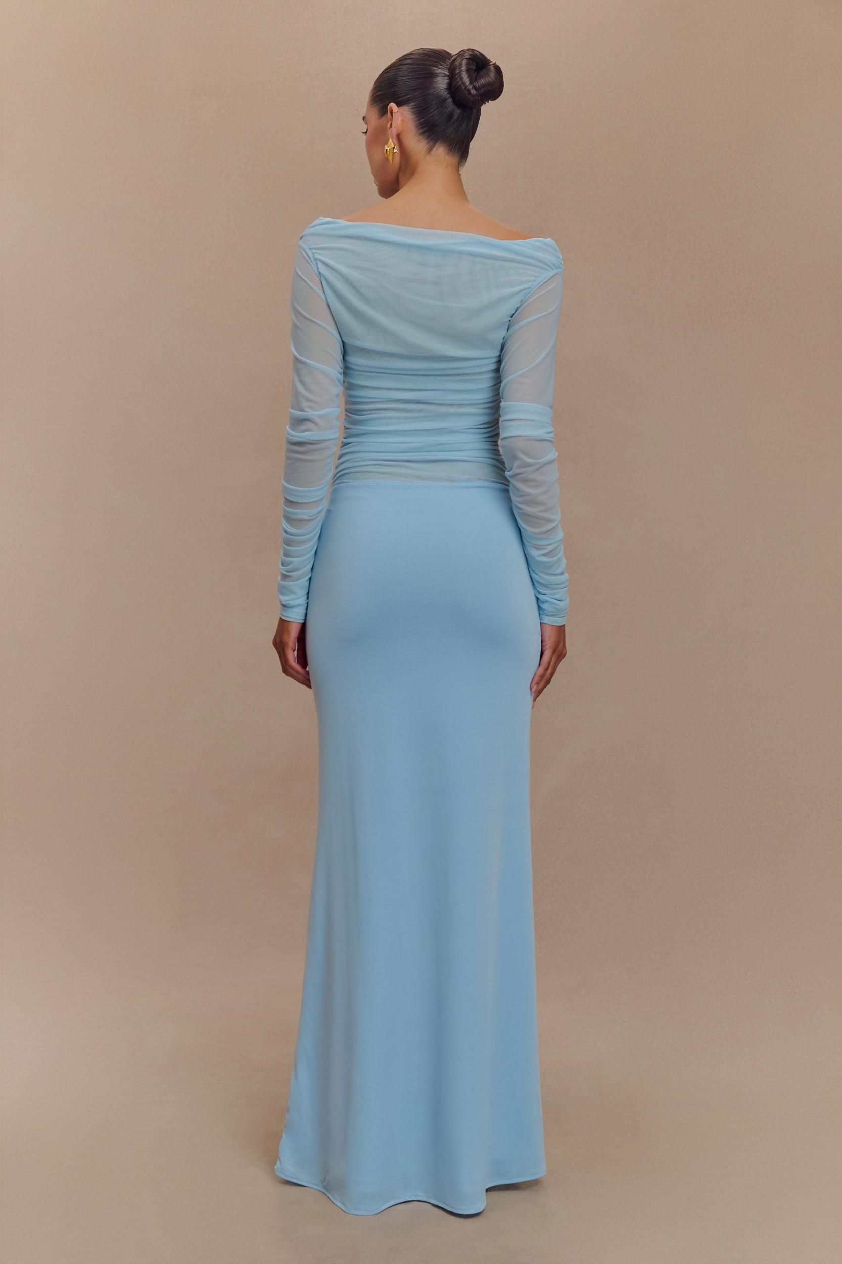 Darla Mesh And Slinky Off Shoulder Maxi Dress - Sky Blue Product Image