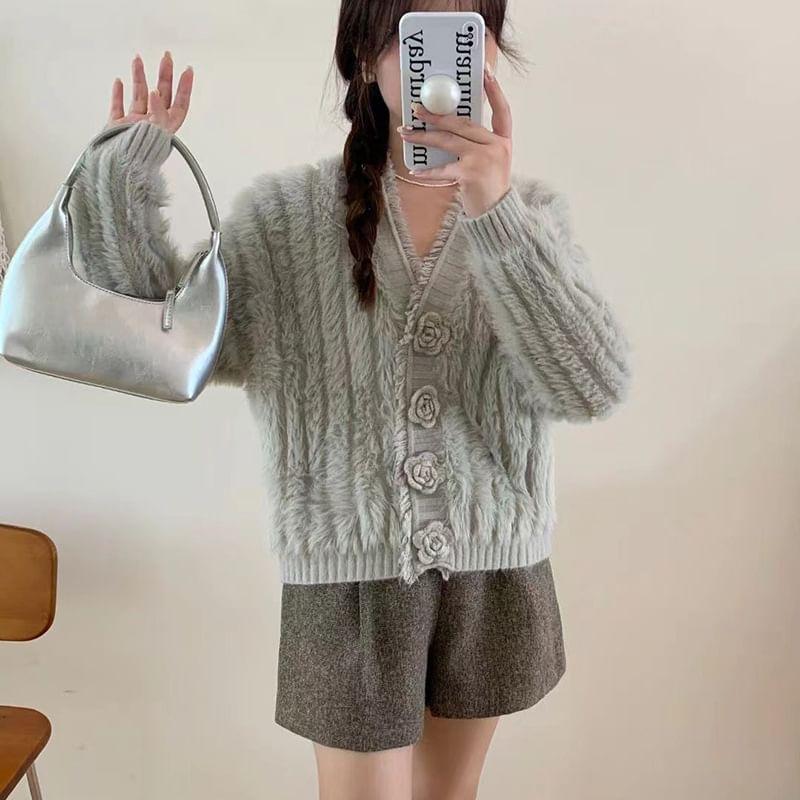 V-Neck Plain Fluffy Flower Button Crop Cardigan Product Image