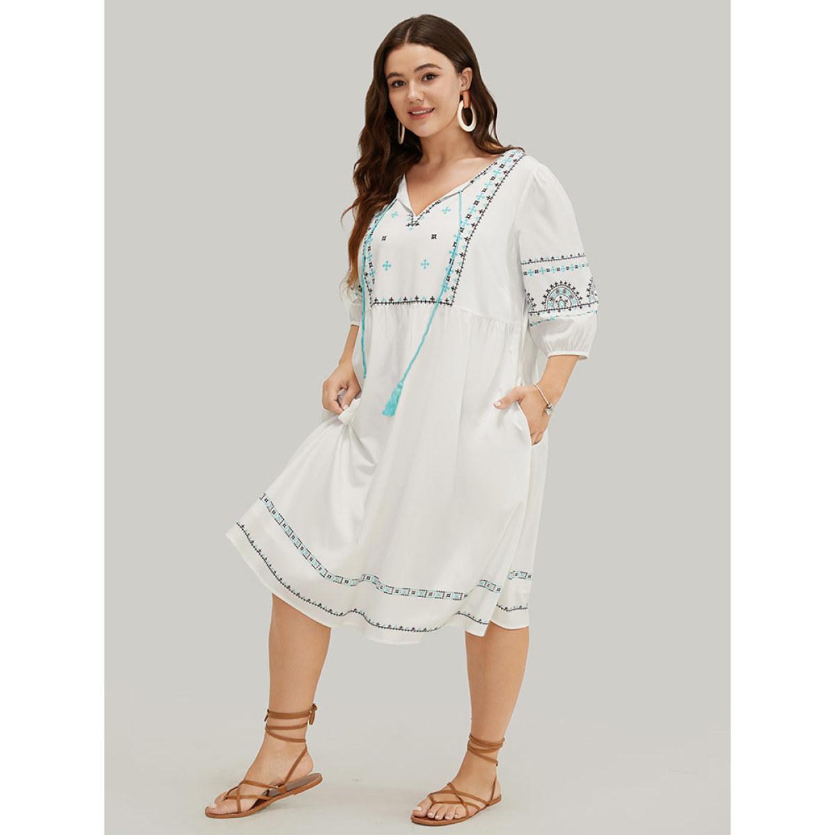 Plus Size Bandana Print Tassels Lantern Sleeve Pocket Midi Dress White Women Vacation Tassels Tie Neck Elbow-length sleeve Curvy Midi Dress BloomChic 30/6X Product Image