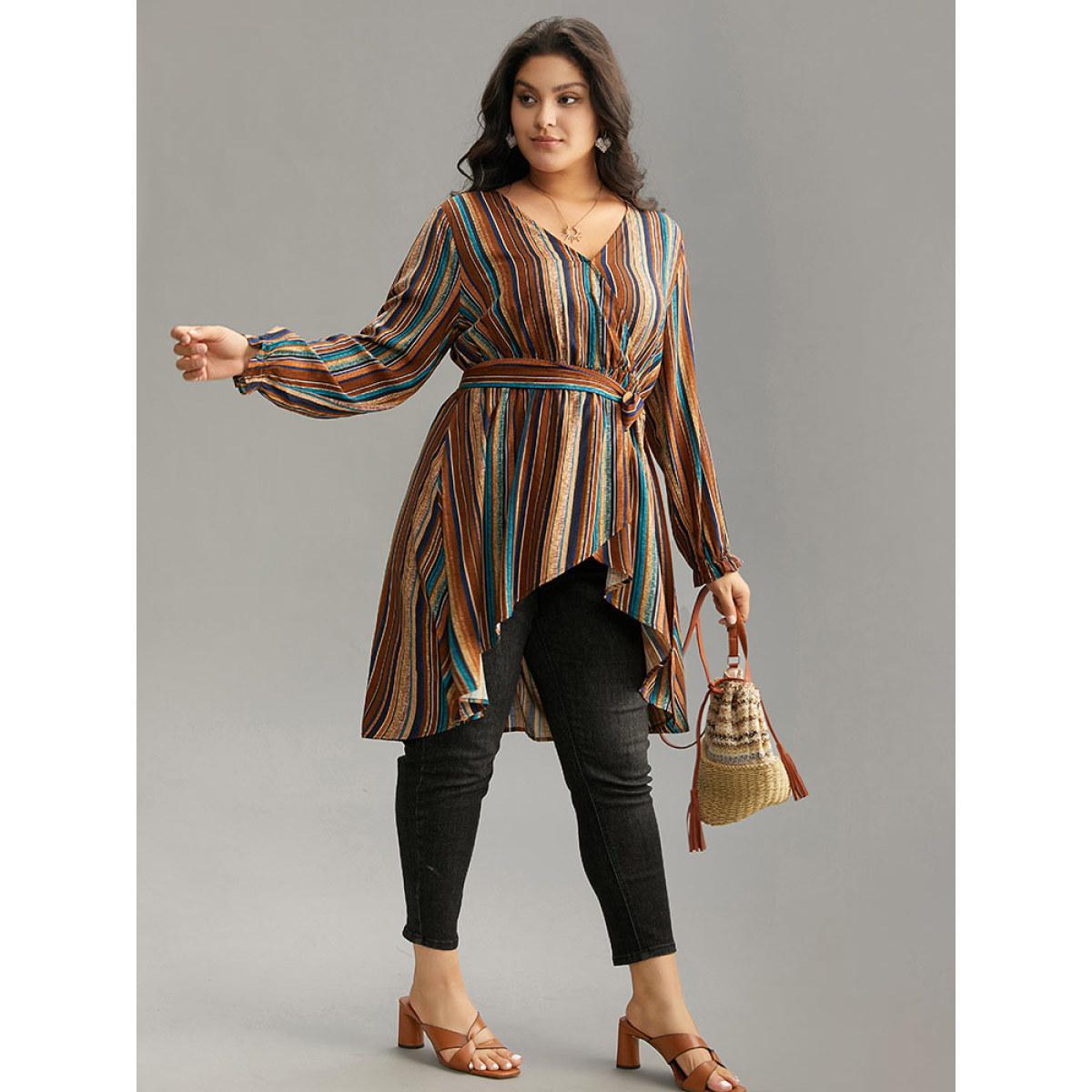 Plus Size Multicolor Striped Overlap Collar Arc Hem Belted Blouse Women Vacation Long Sleeve Overlap Collar Vacation Blouses BloomChic 14-16/1X Product Image