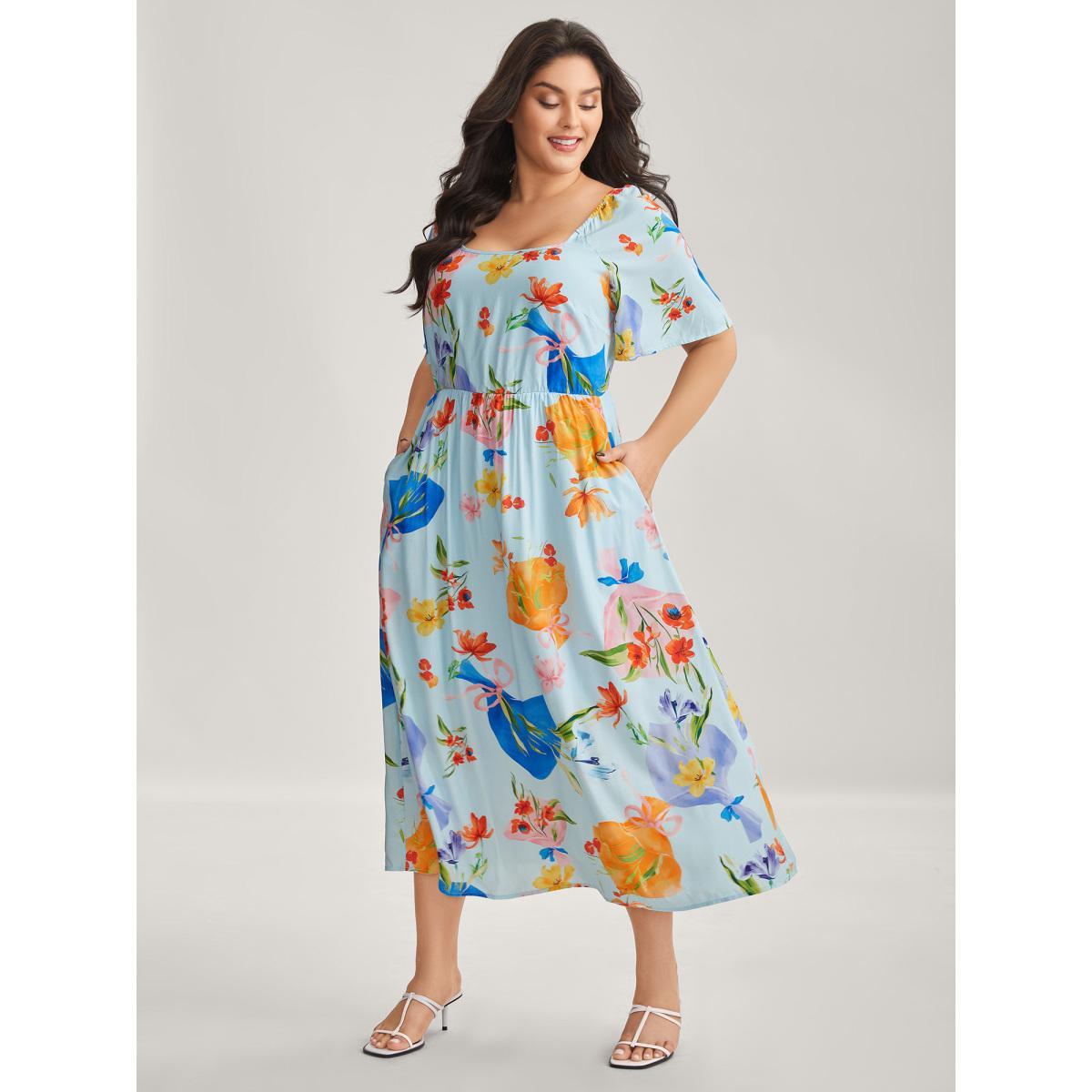 Plus Size Rayon Floral Print Pockets Midi Dress Multicolor Women Round Neck Short sleeve Curvy BloomChic 12/L Product Image