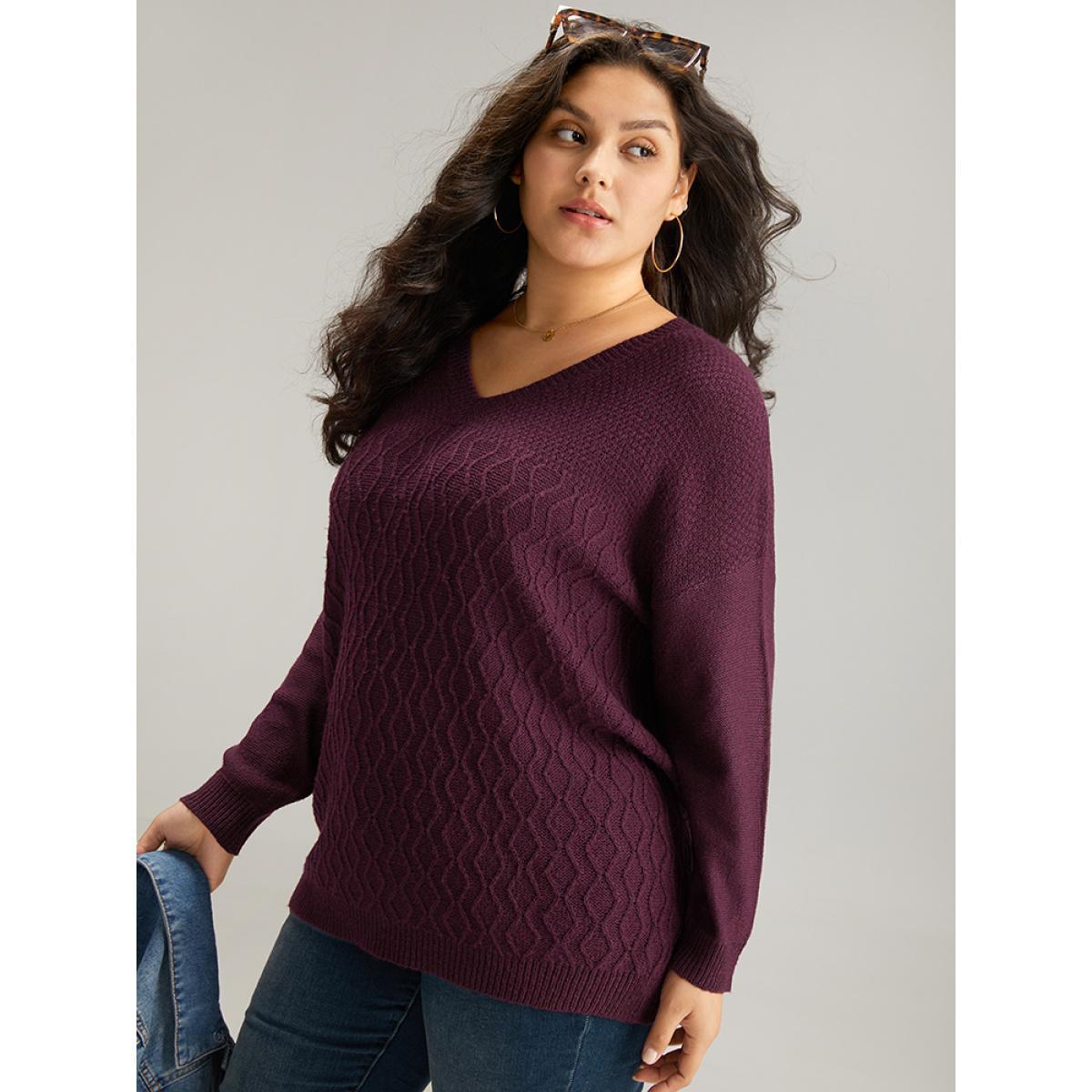 Plus Size Plisse Solid Drop Shoulder Pullover RedViolet Women Casual Loose Long Sleeve V-neck Dailywear Pullovers BloomChic 10/M Product Image