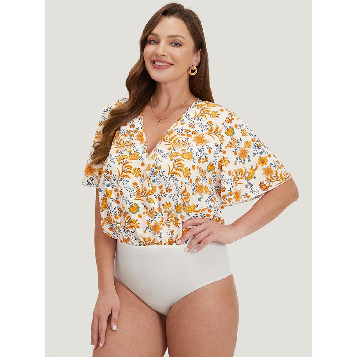 Plus Size Plants Print Patchwork Surplice Neck Bodysuit Women Chocolate Plants Wrap Bodysuits BloomChic 22-24/3X Product Image