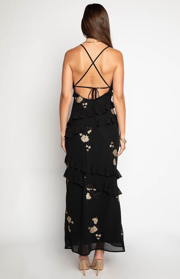 Inara Black Sequin Ruffle Maxi Dress Product Image