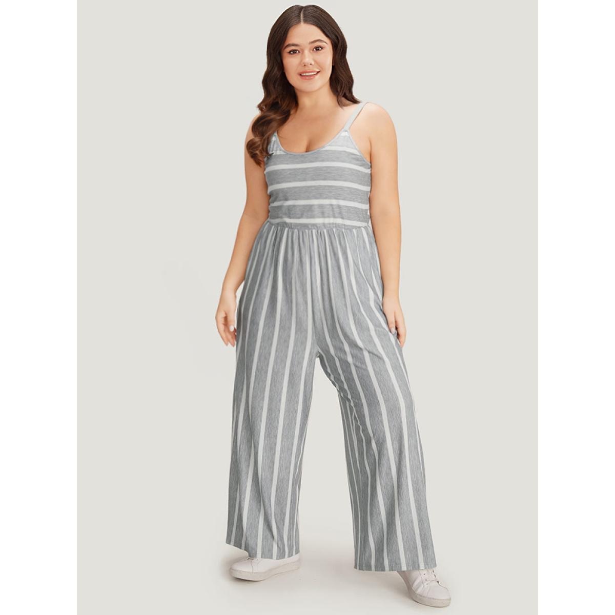 Plus Size Silver Striped Pocket Elastic Waist Cami Jumpsuit Women Casual Sleeveless Spaghetti Strap Dailywear Loose Jumpsuits BloomChic 14-16/1X Product Image