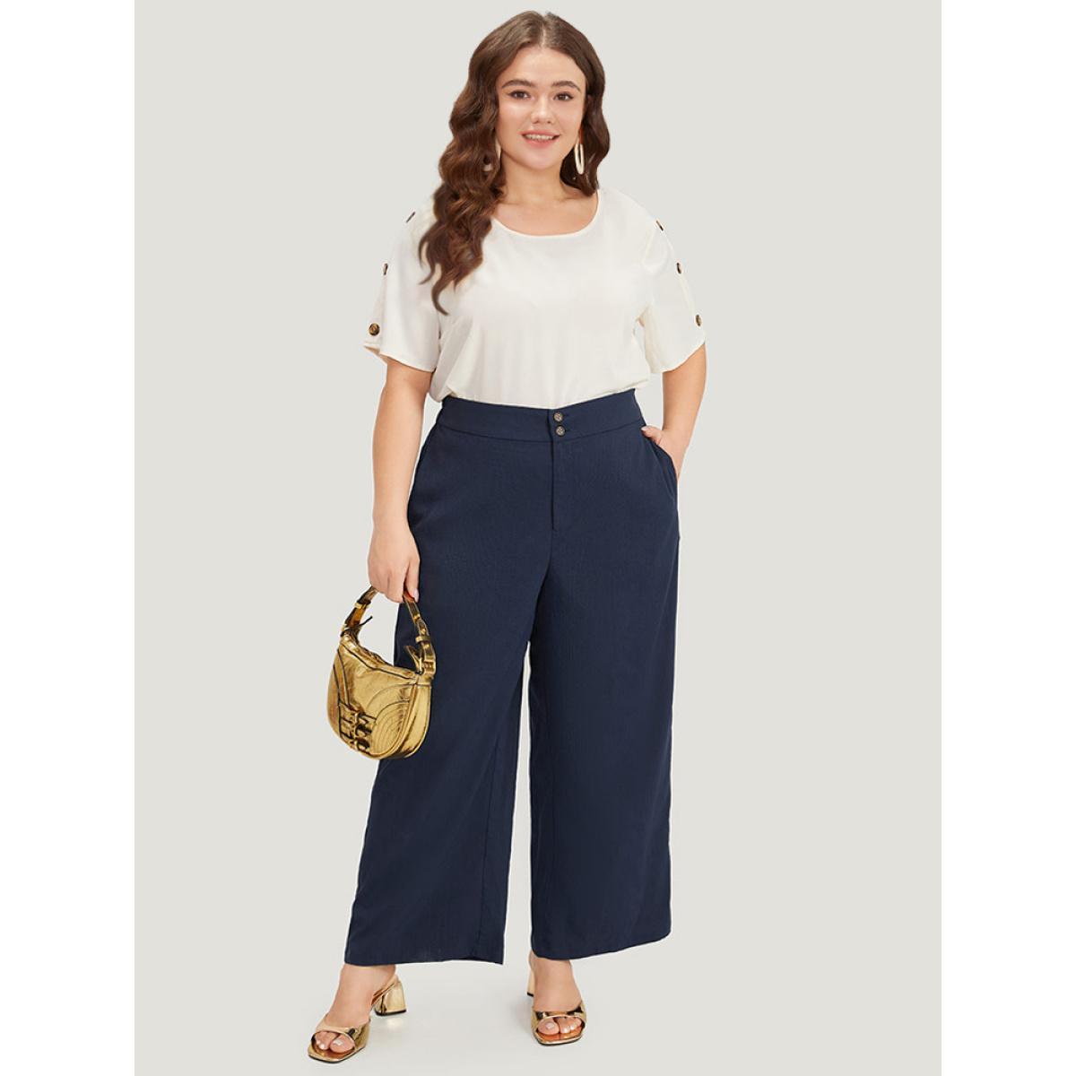 Plus Size Solid Button Up Pocket Wide leg High Rise Pants Women Indigo Office Straight Leg High Rise Work Pants BloomChic 14-16/1X Product Image