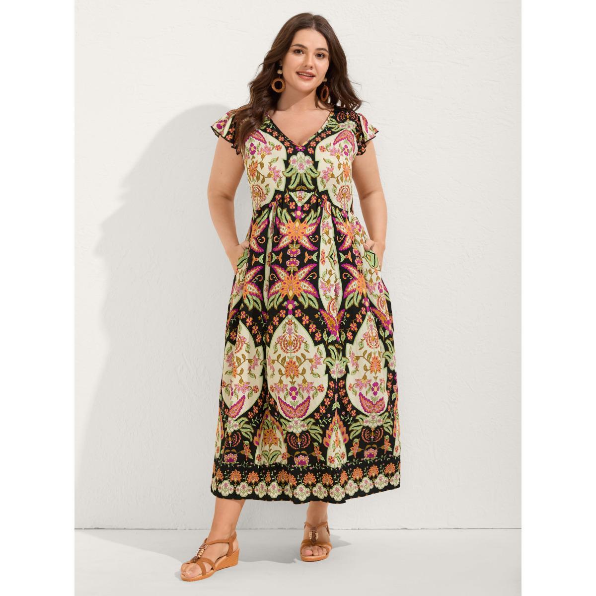 Plus Size Floral Print Ruffled Sleeve V-Neck Midi Dress Black Women V-neck Cap Sleeve Curvy BloomChic 28/5X Product Image