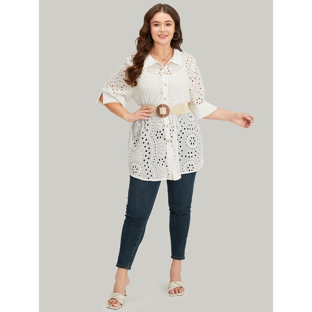 Plus Size Plain Shirt Collar Broderie Anglaise Open Front Kimono Women White Casual Patchwork Dailywear Kimonos BloomChic 12/L Product Image