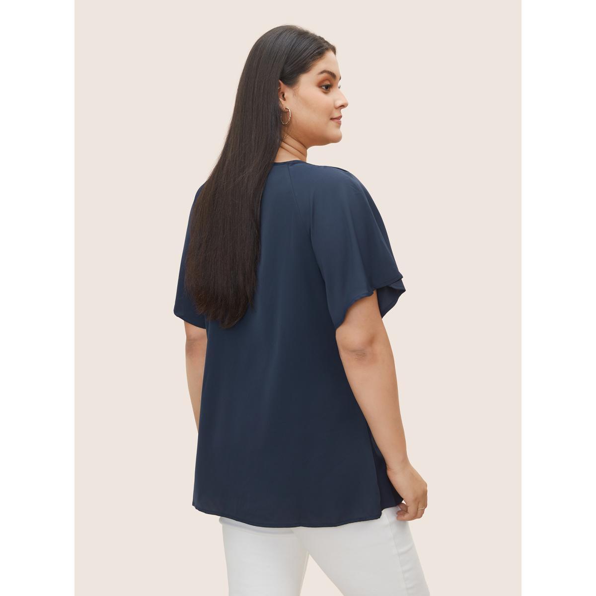 Plus Size Indigo Plain Keyhole Knotted Front Ruffle Sleeve Blouse Women Work From Home Short sleeve Round Neck Work Blouses BloomChic 12/L Product Image
