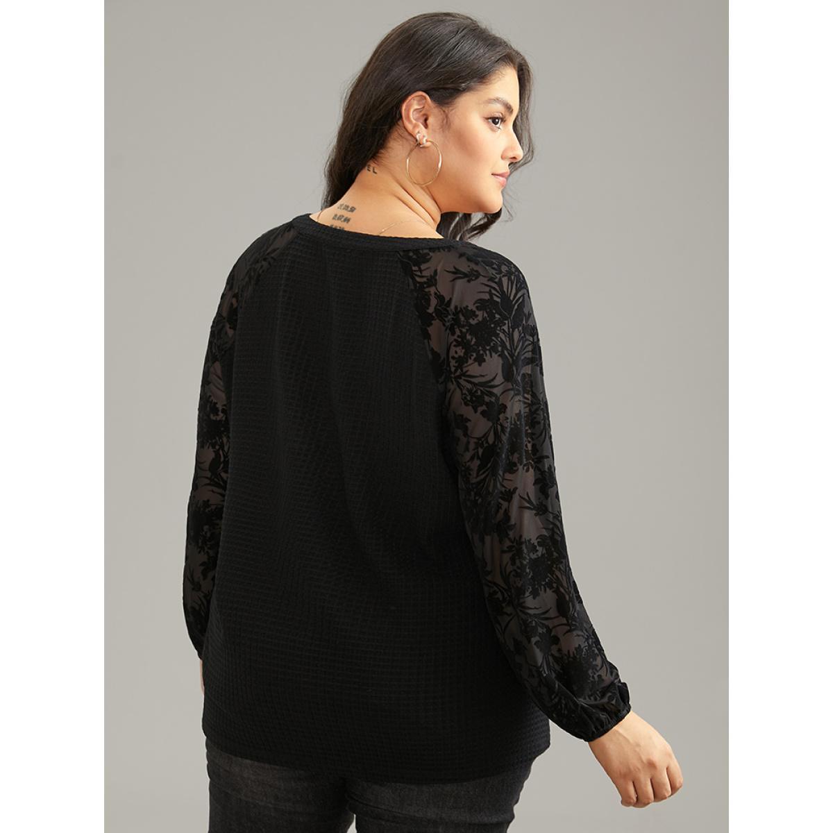 Plus Size Silhouette Floral Print Mesh Waffle Knit T-shirt Black Women Elegant Waffle Knit Silhouette Floral Print Notched collar Dailywear T-shirts BloomChic 12/L Product Image
