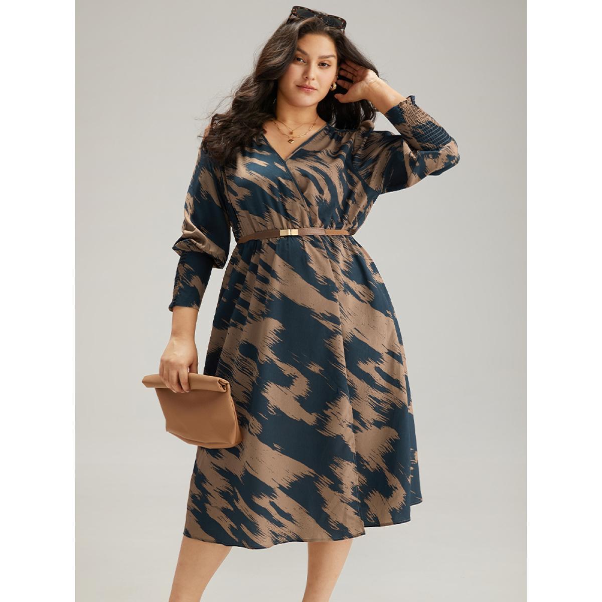 Plus Size Brush Print Elastic Waist Wrap Split Hem Dress Indigo Women At the Office Elastic Waist V-neck Long Sleeve Curvy Midi Dress BloomChic 18-20/2X Product Image