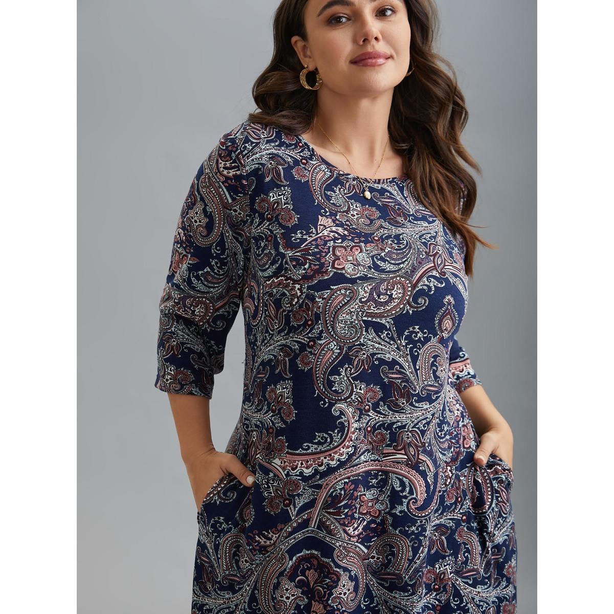 Plus Size Wrap Hem Bandana Floral Dress Navy Women Casual Overlapping Knit Dresses Bloomchic 30/6X Product Image