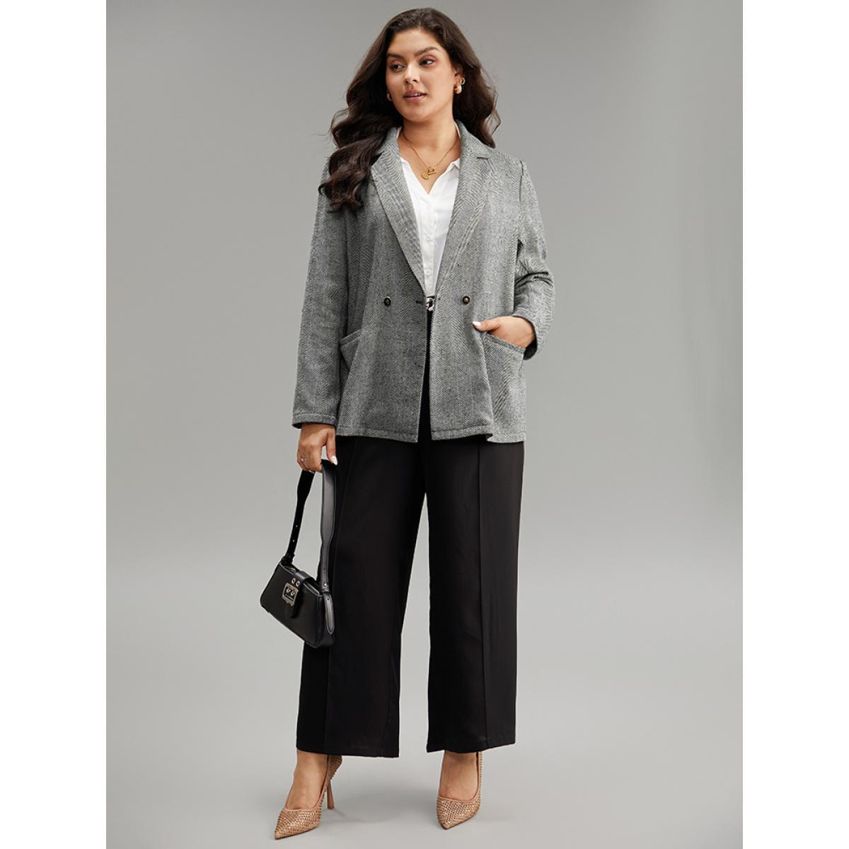 Plus Size Geo Striped Patched Pocket Button Down Blazer Gray Women Work Geometric Texture Sleeve Long Sleeve Suit Collar 14-16/1X Pocket Office Blazers BloomChic Product Image