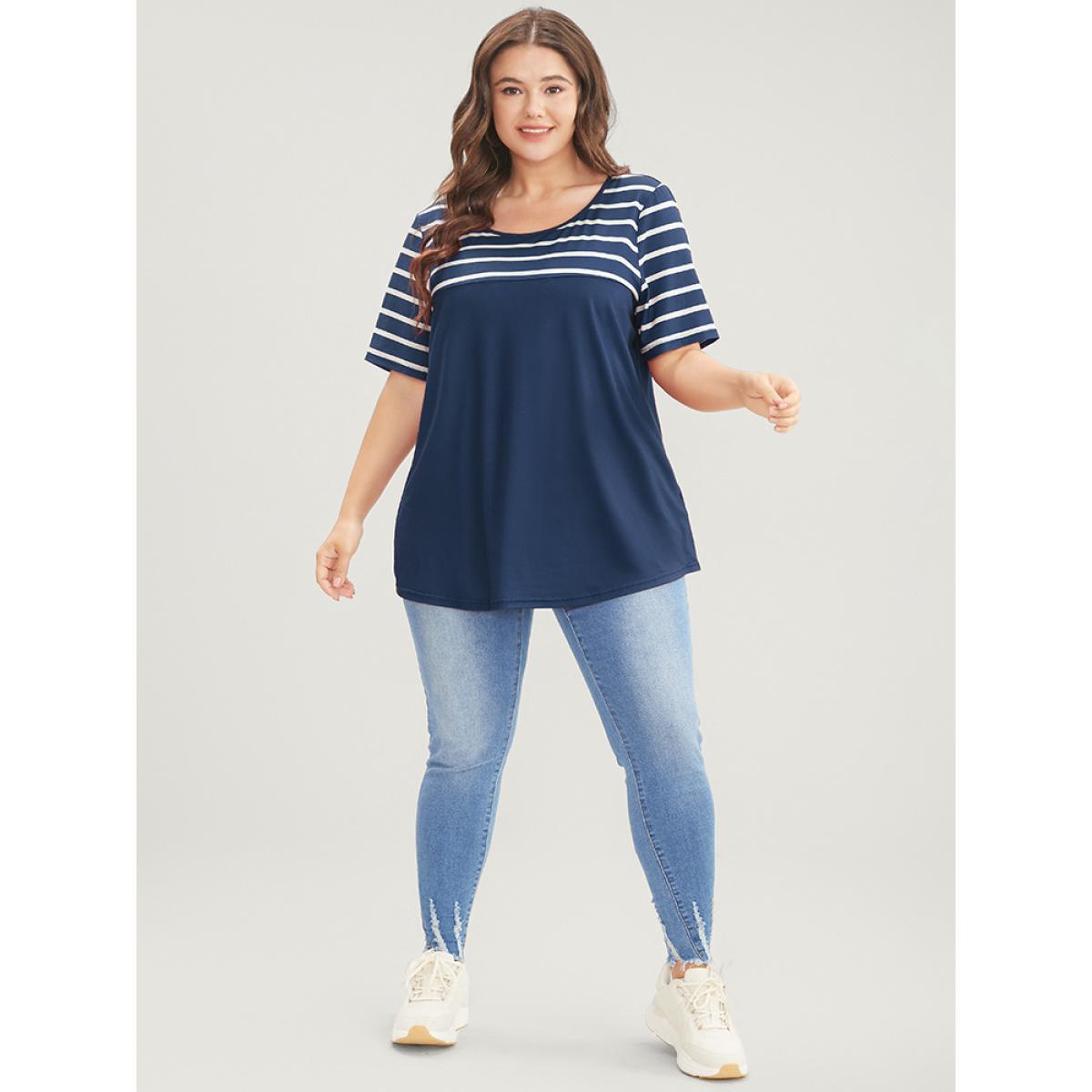 Plus Size Striped Contrast Round Neck T-shirt DarkBlue Women Casual Striped Round Neck Dailywear T-shirts BloomChic 12/L Product Image