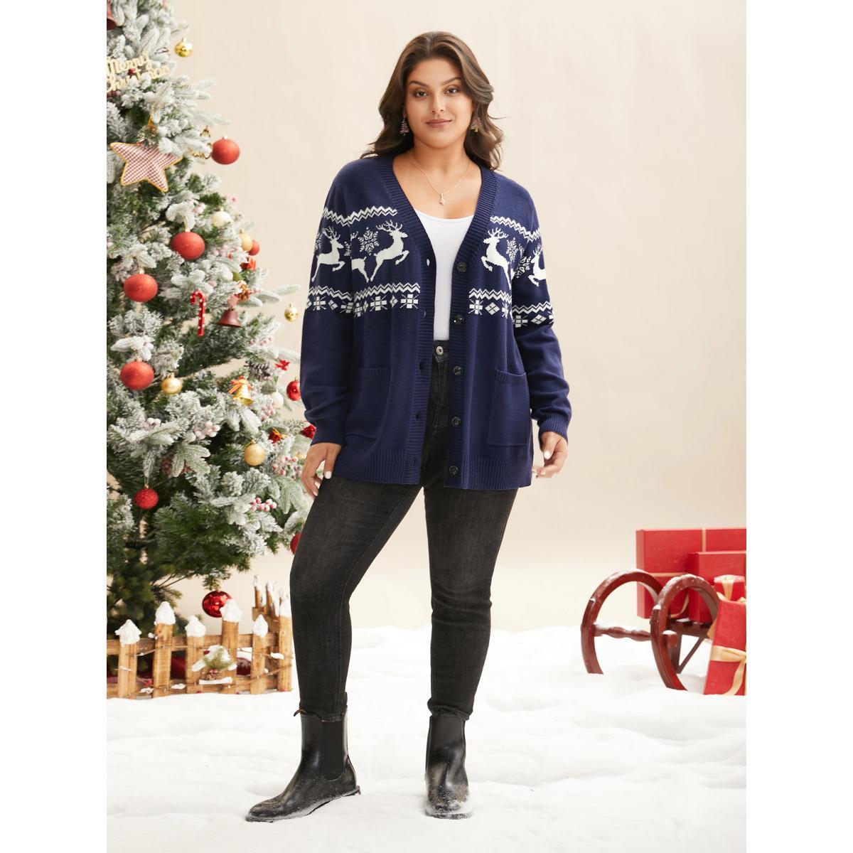 Plus Size Supersoft Essentials Holiday Patterns Button Front Cardigan Indigo Women Casual Loose Long Sleeve Everyday Cardigans BloomChic 10/M Product Image