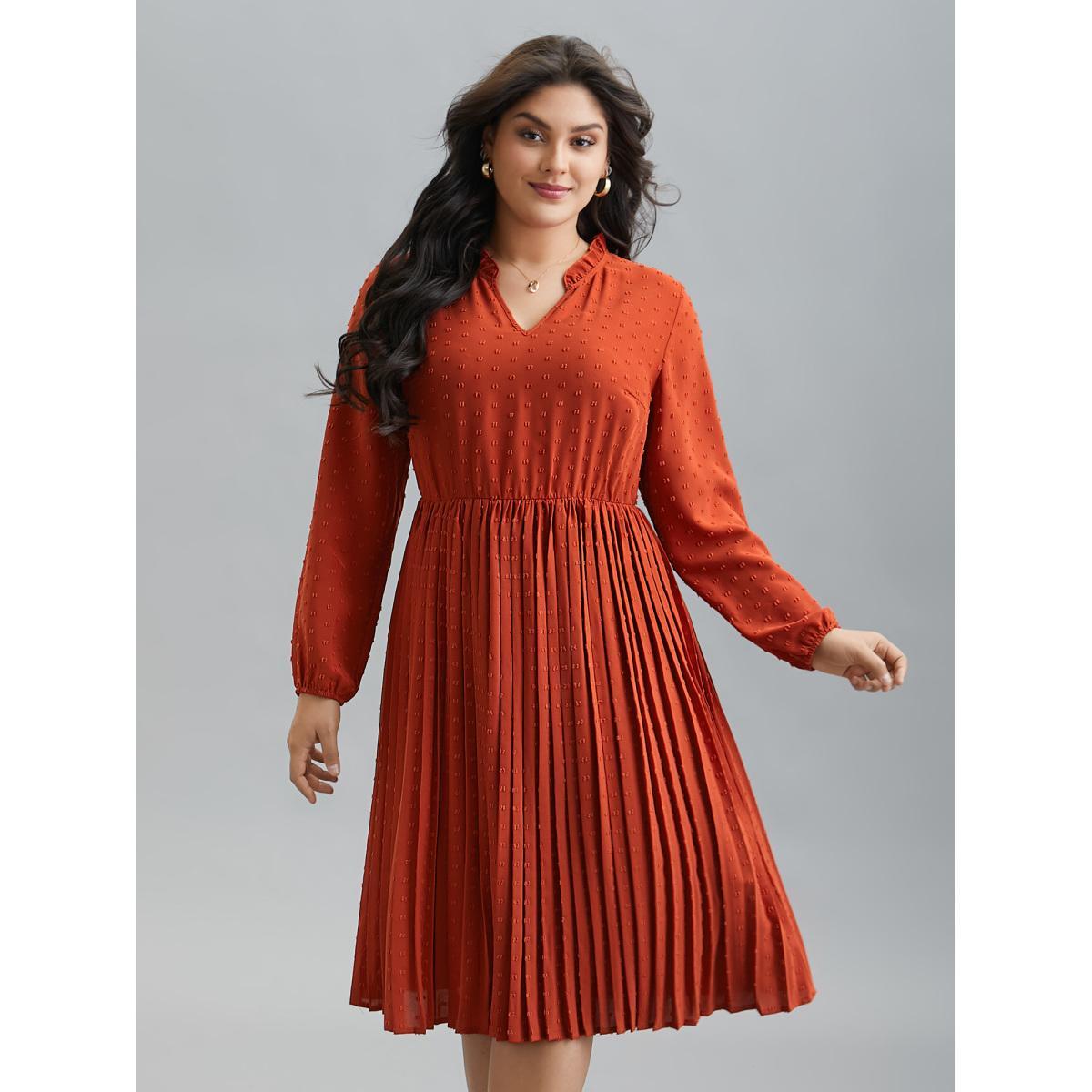 Plus Size Notched Collar Textured Pleated Midi Dress OrangeRed Women Casual Texture Flat collar with V-notch Long Sleeve Curvy BloomChic 30/6X Product Image