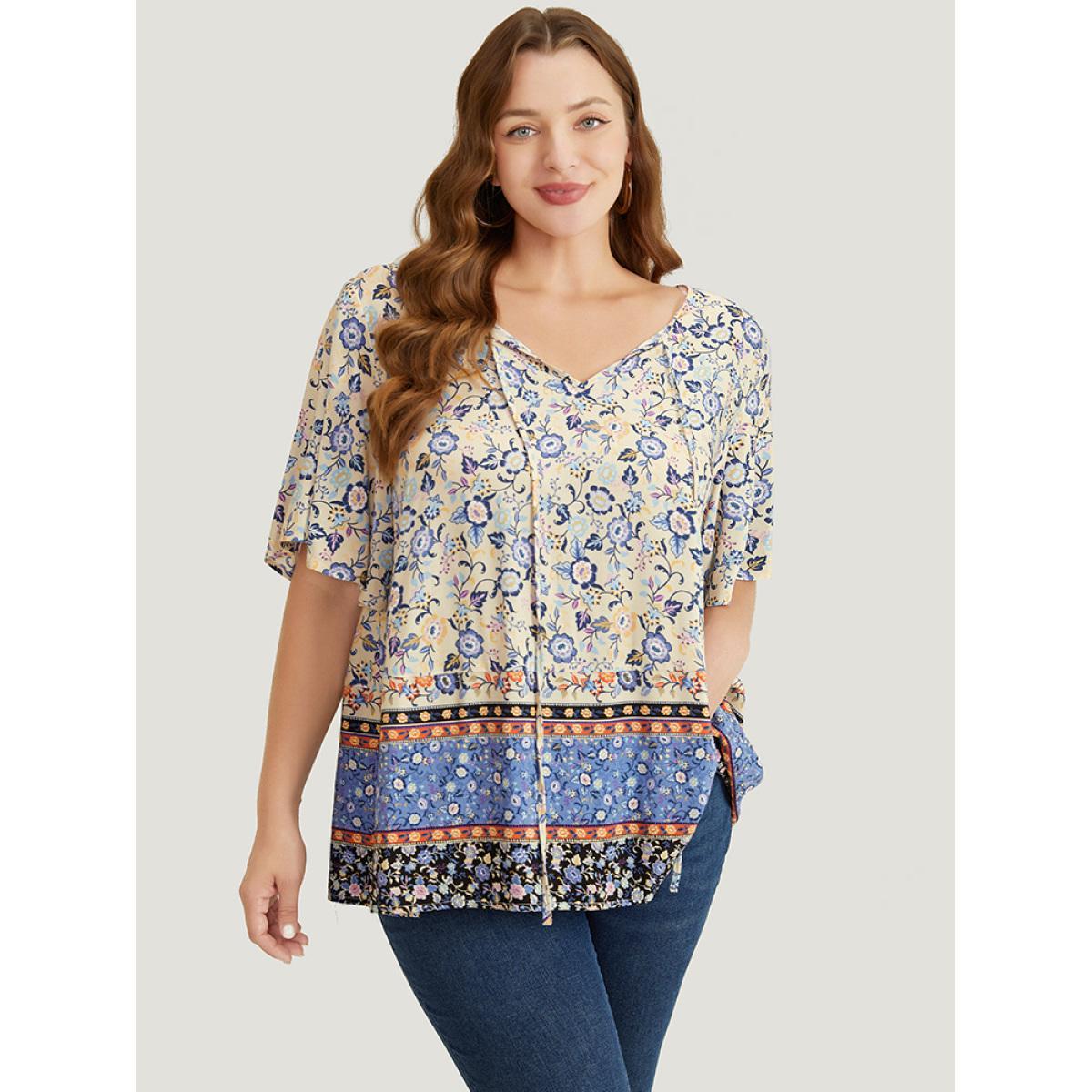 Plus Size Multicolor Bandana Printed Ties Front Ruffle Sleeve Blouse Women Vacation Short sleeve Tie Neck Dailywear Blouses BloomChic 14-16/1X Product Image