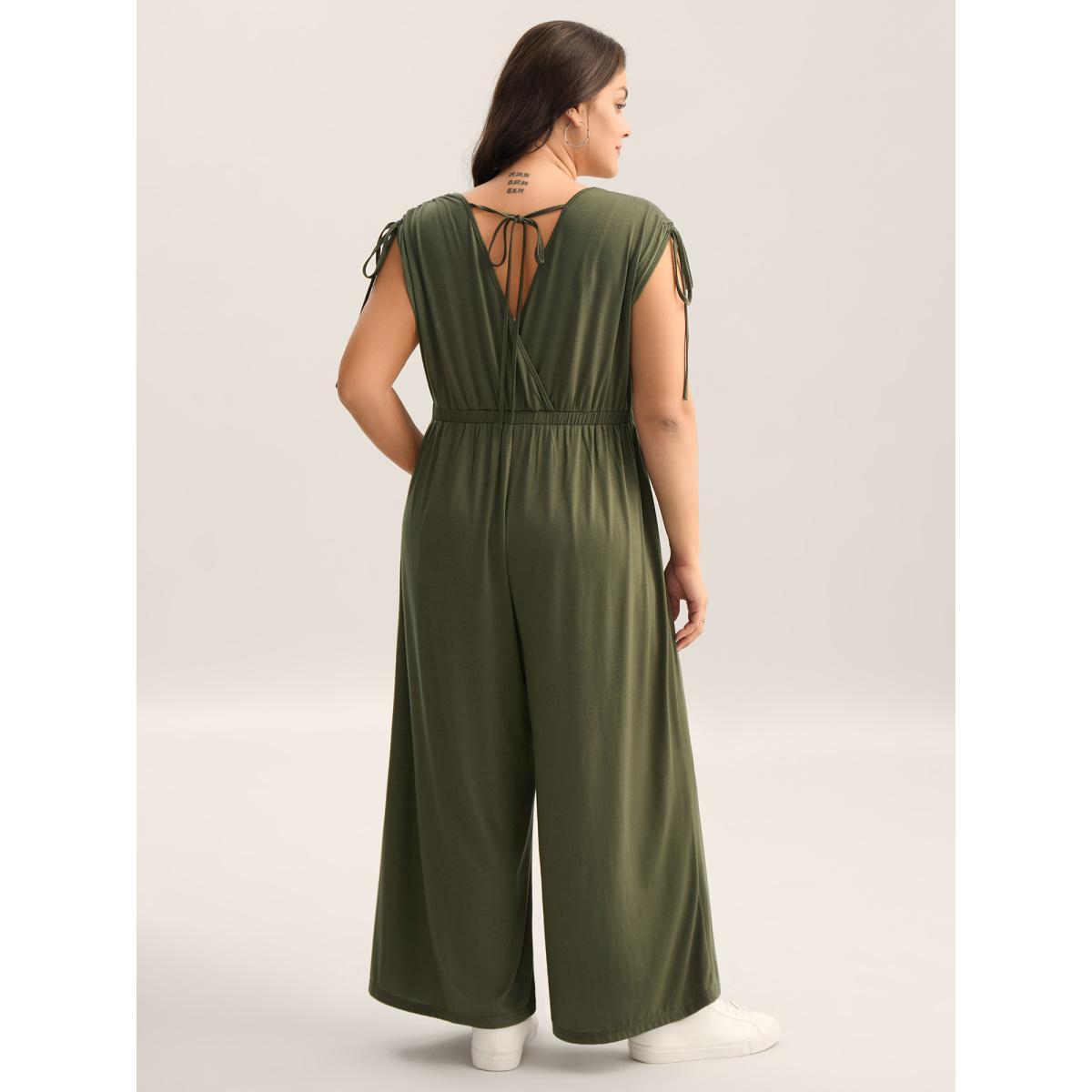 Plus Size Moss Drawstring Shoulder Plain Straight-Leg Jumpsuit Women Sleeveless Overlap Collar Everyday-Casual Loose Jumpsuits BloomChic 18-20/2X Product Image